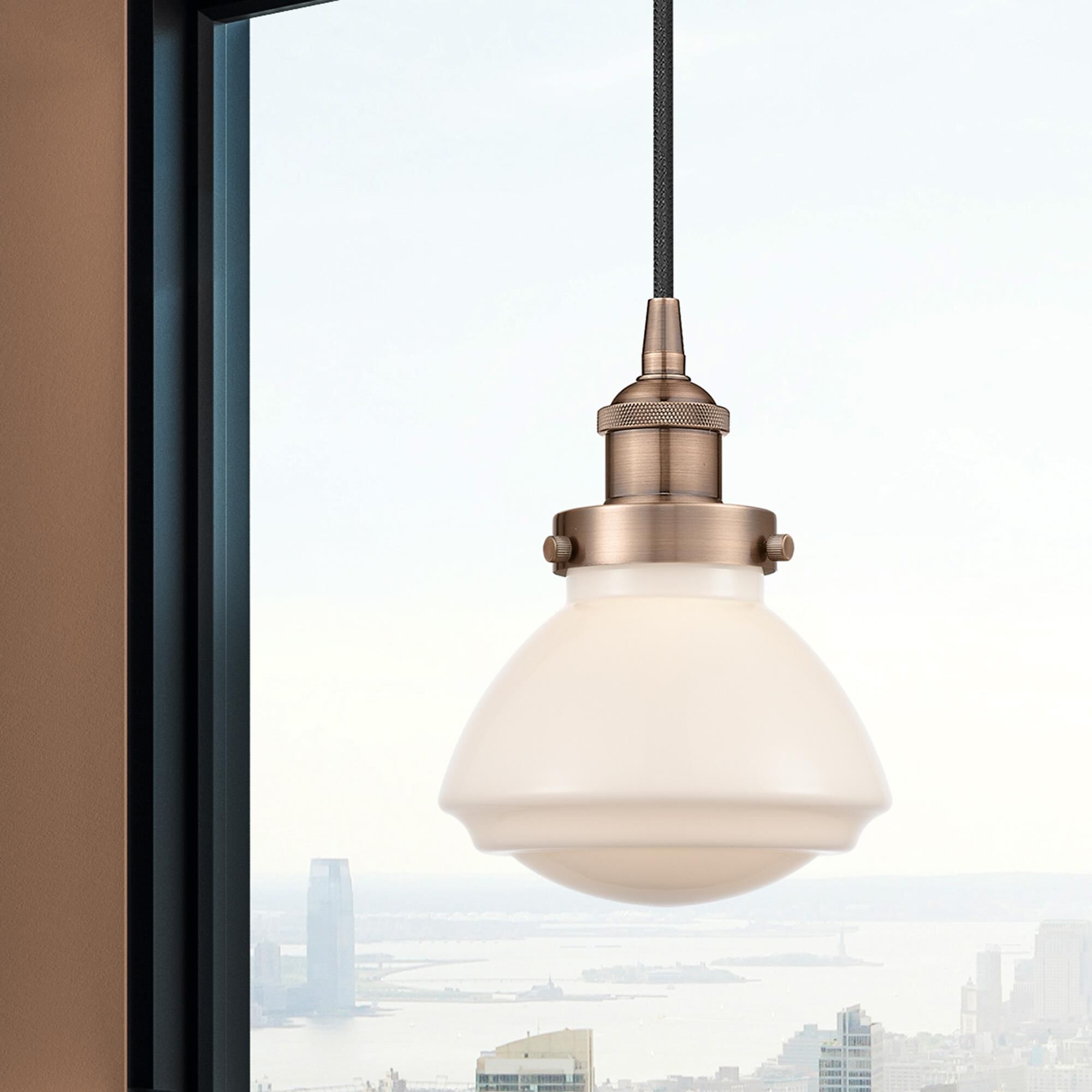 Shown in Antique Copper finish and Matte White glass