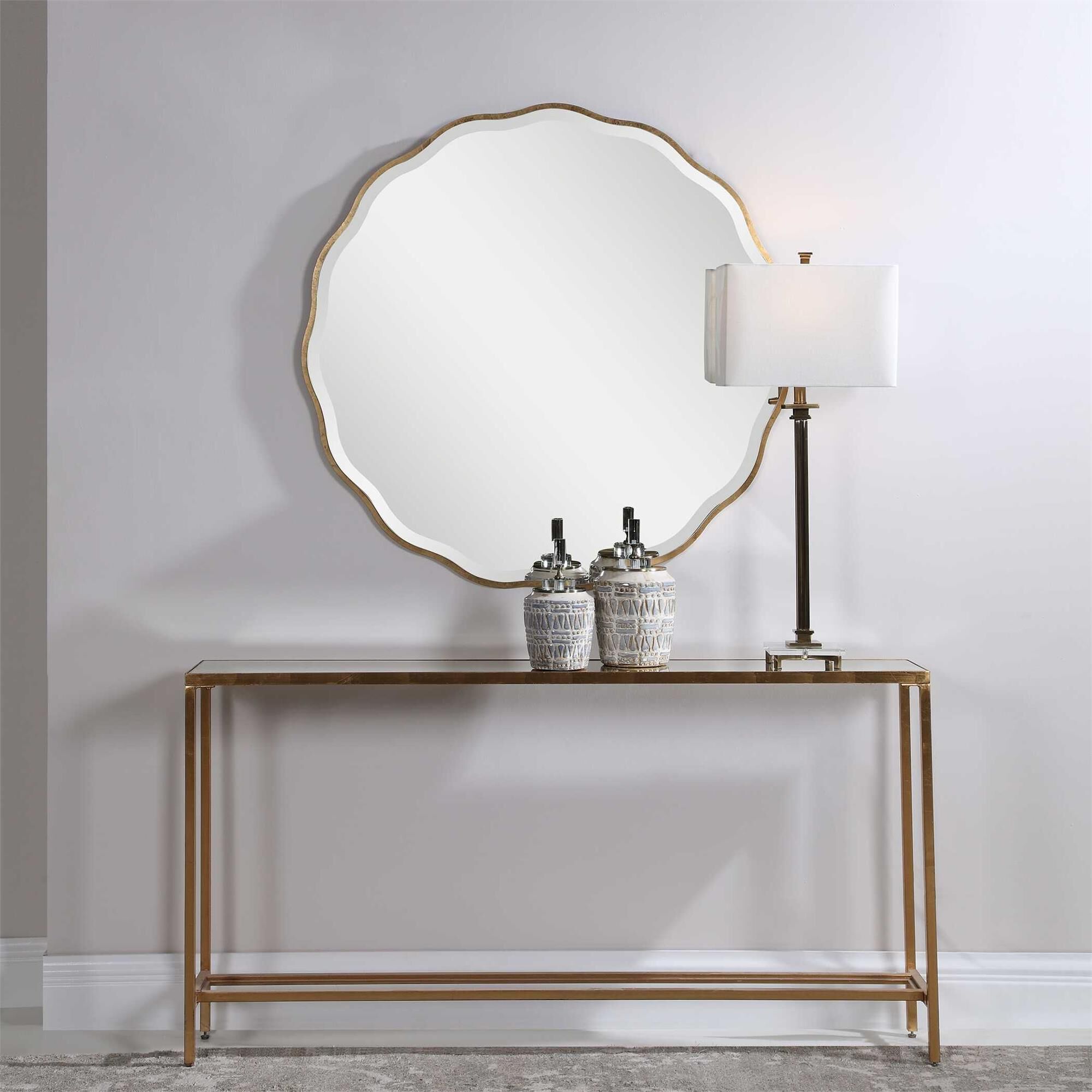 Shown in Showcasing A Feminine Scalloped Edge, This Shaped Wood Mirror Adds Whimsical Flair To Any Design. Th finish