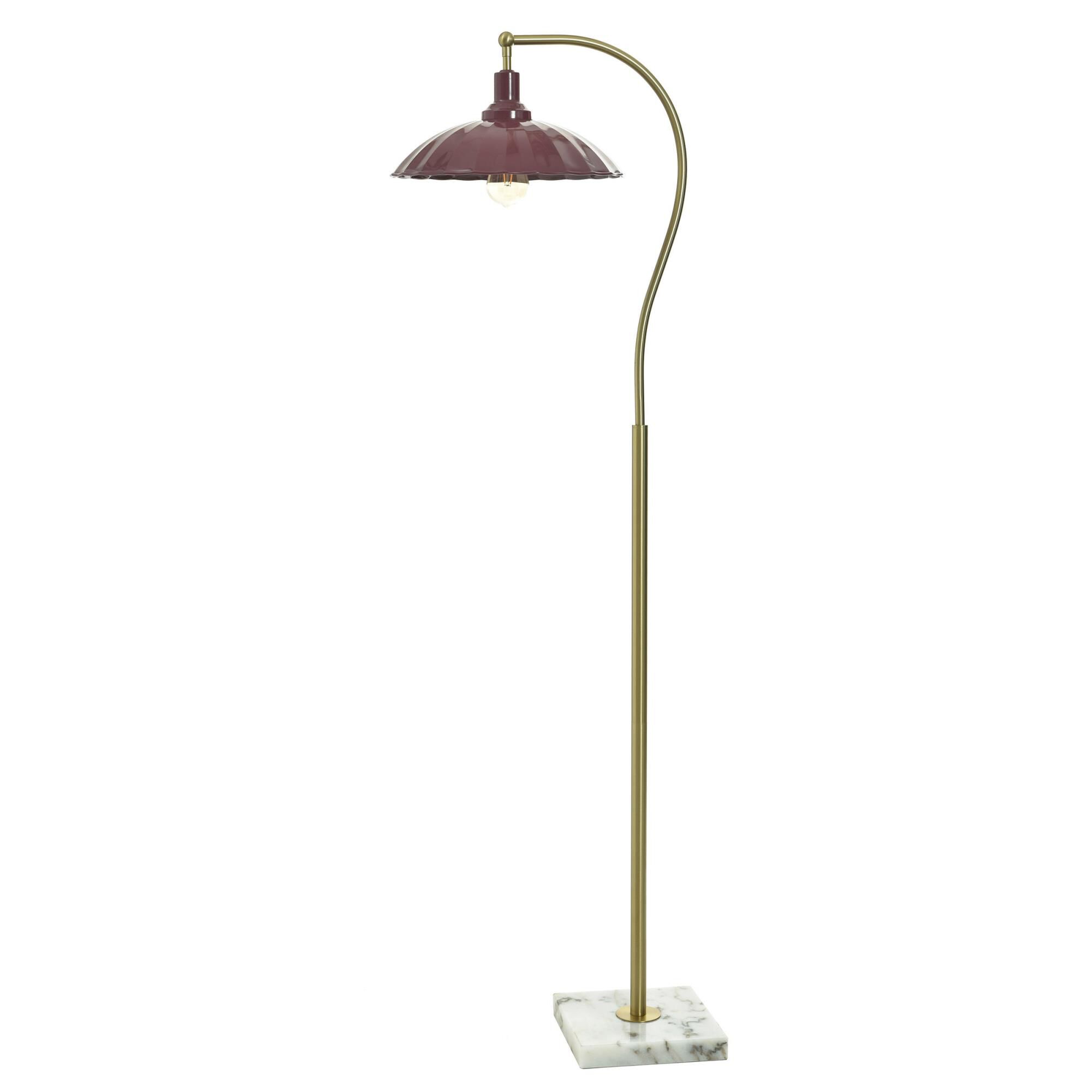 Shown in White Marble and Polished Brass finish and Glossy Burgundy shade