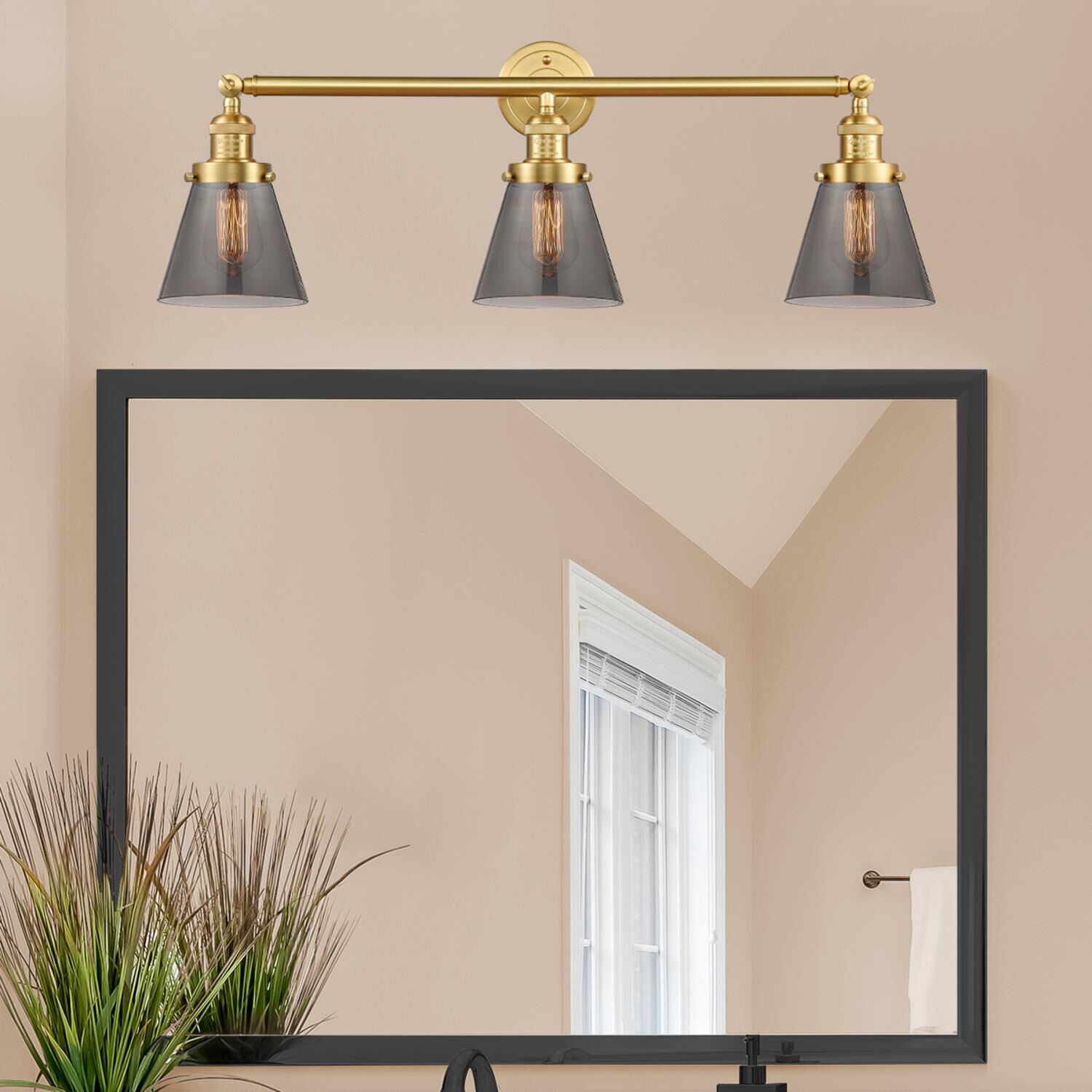 Shown in Satin Gold finish and Plated Smoke Small Cone glass