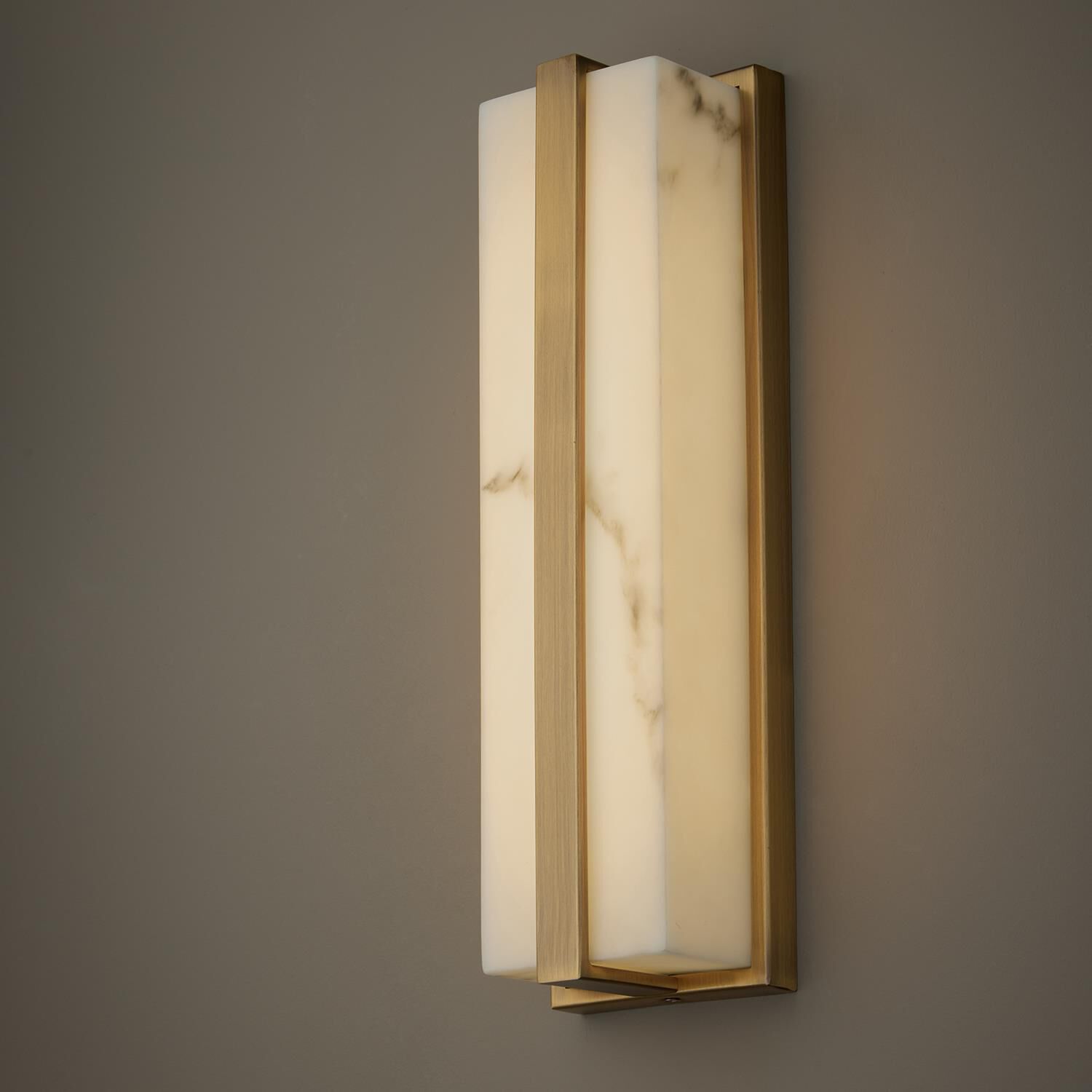 Shown in Aged Brass finish and Alabaster glass