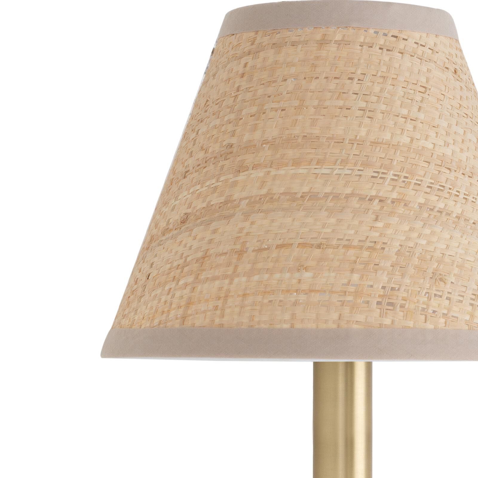 Shown in Natural Brass finish and Rattan shade