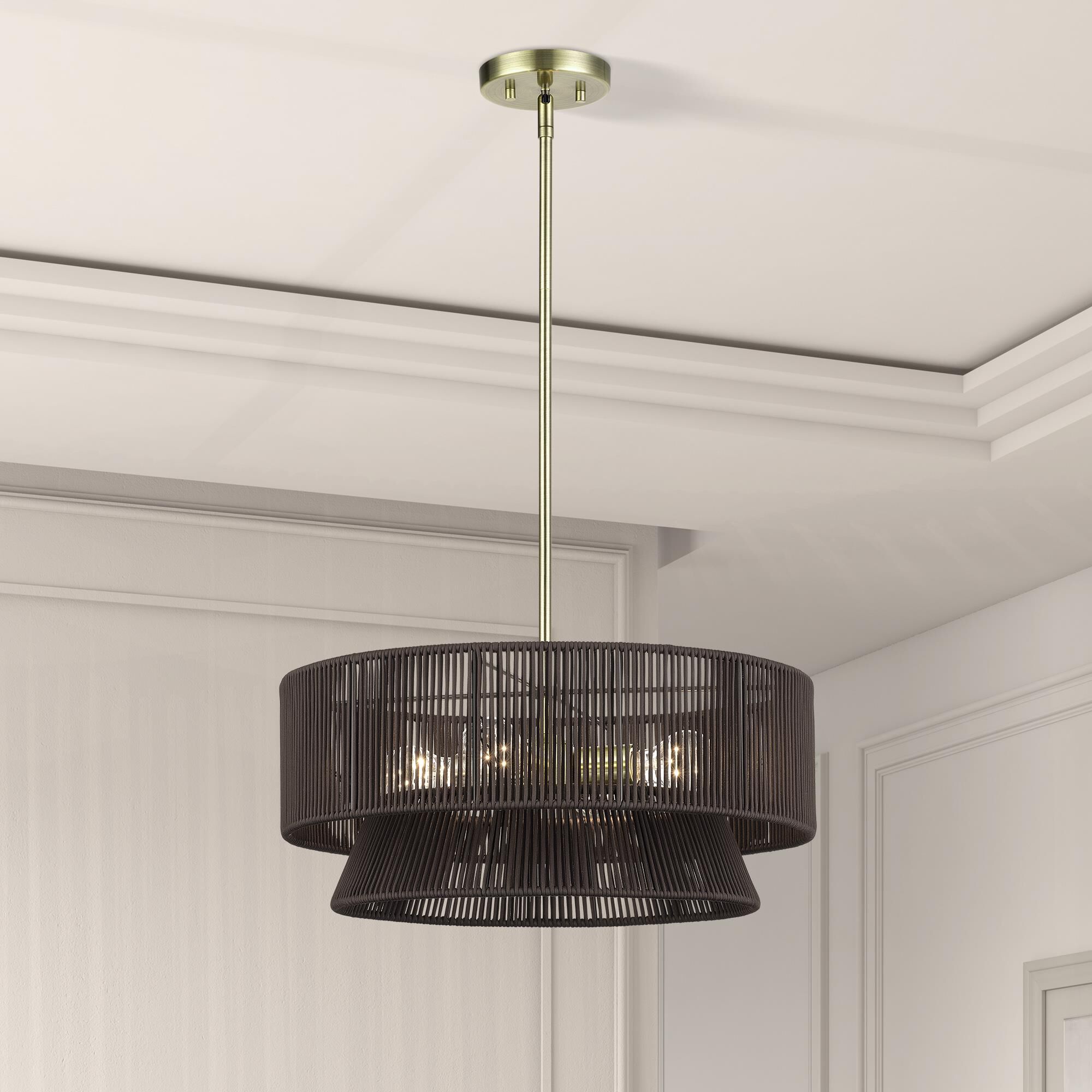 Shown in Antique Brass finish and Hand-Woven Dark Chocolate Color Polyester Rope shade