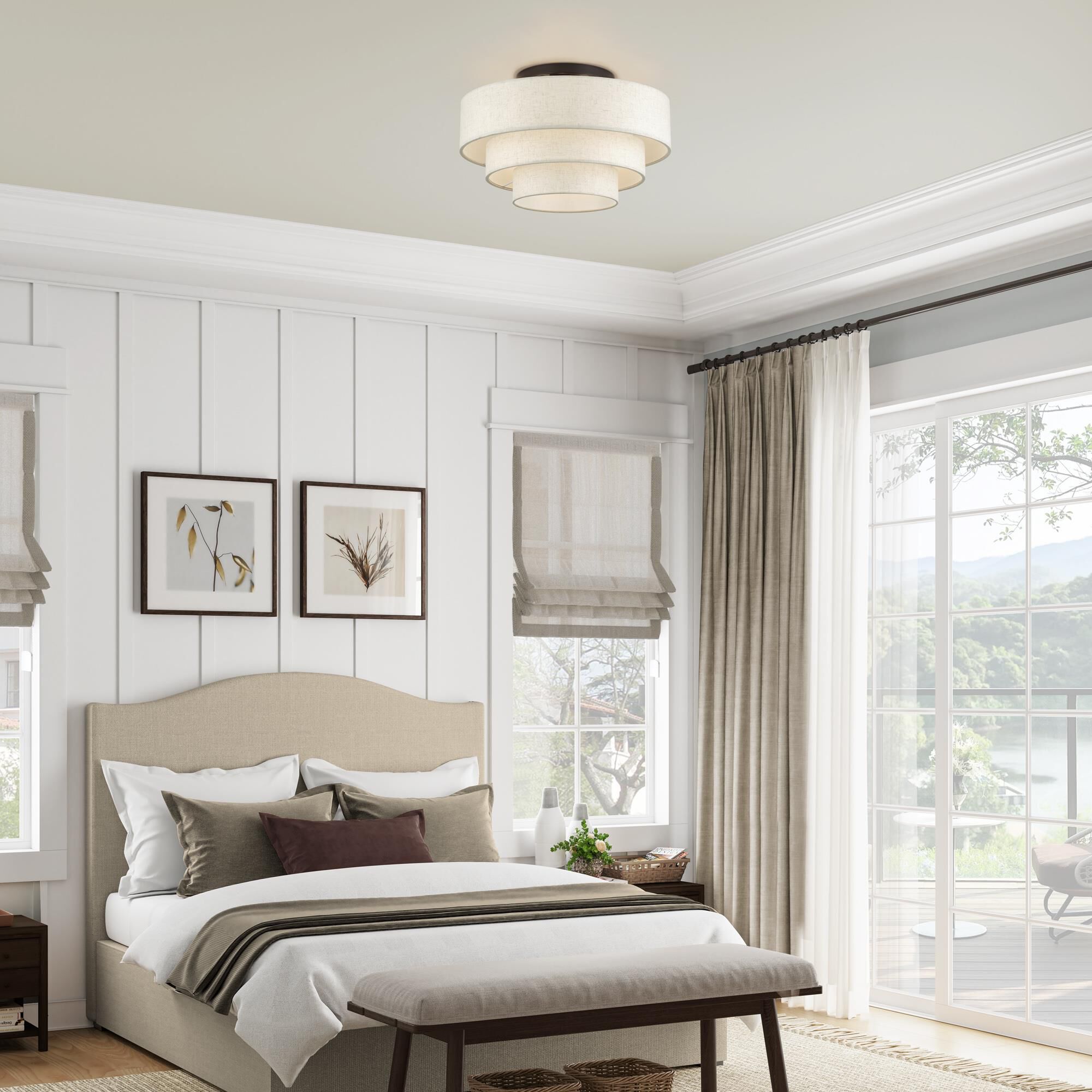 Shown in English Bronze finish and Hand Crafted Oatmeal Color Fabric with White Color Inside shade