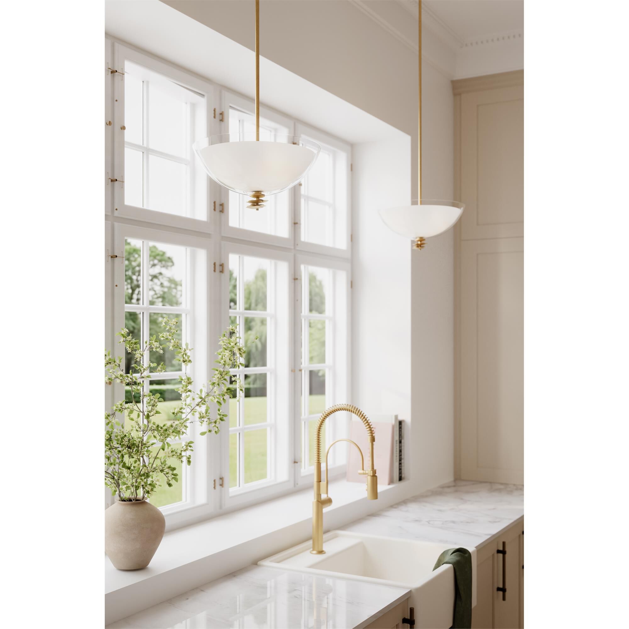 Shown in Legacy Brass finish and Clear and Opal White glass