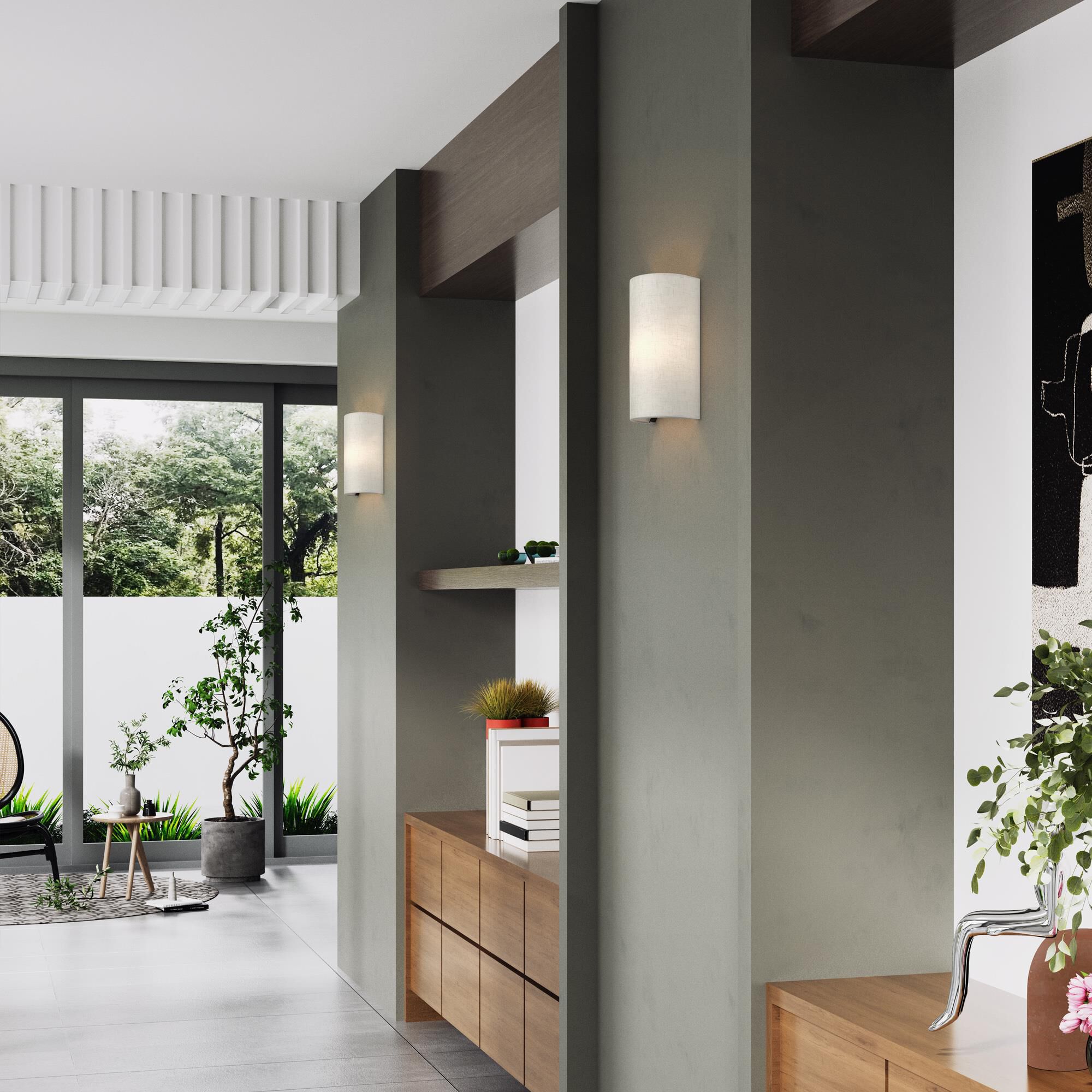 Shown in English Bronze finish and Hand Crafted Oatmeal Color Fabric with White Color Inside shade