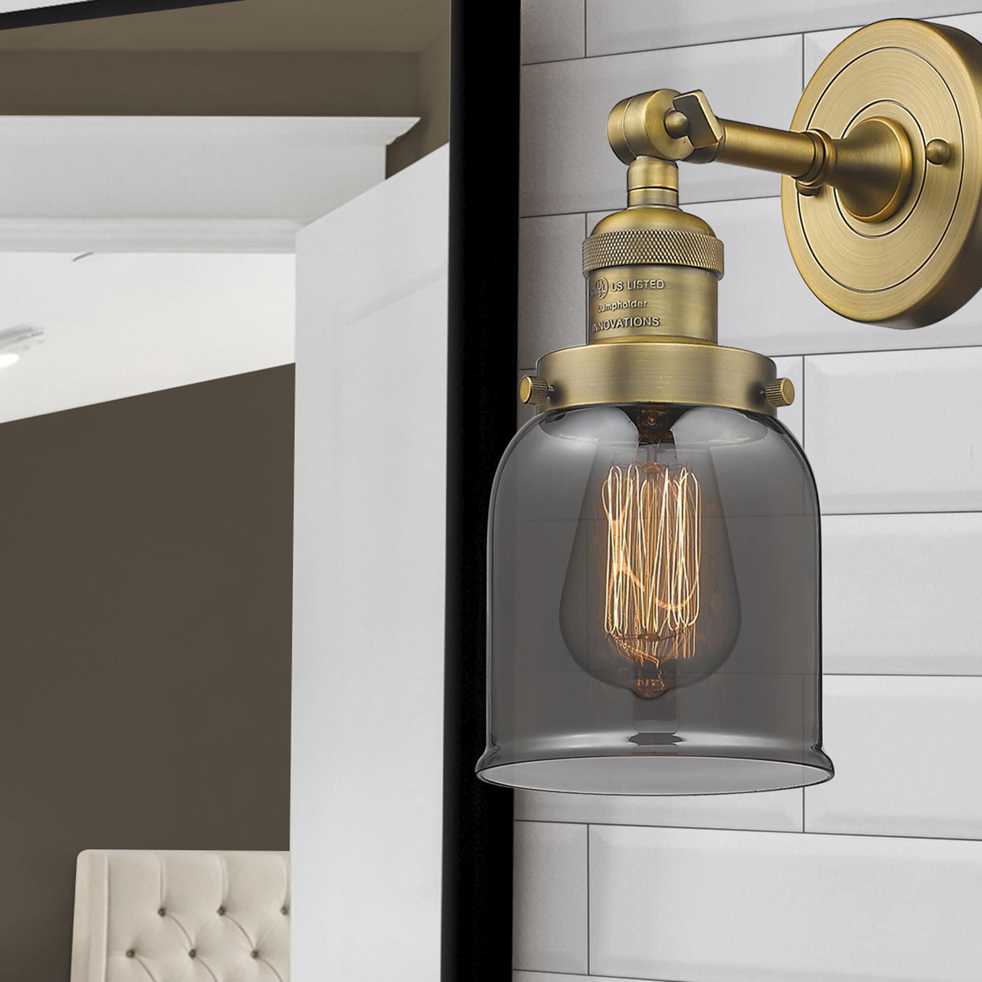 Shown in Brushed Brass finish and Plated Smoked glass