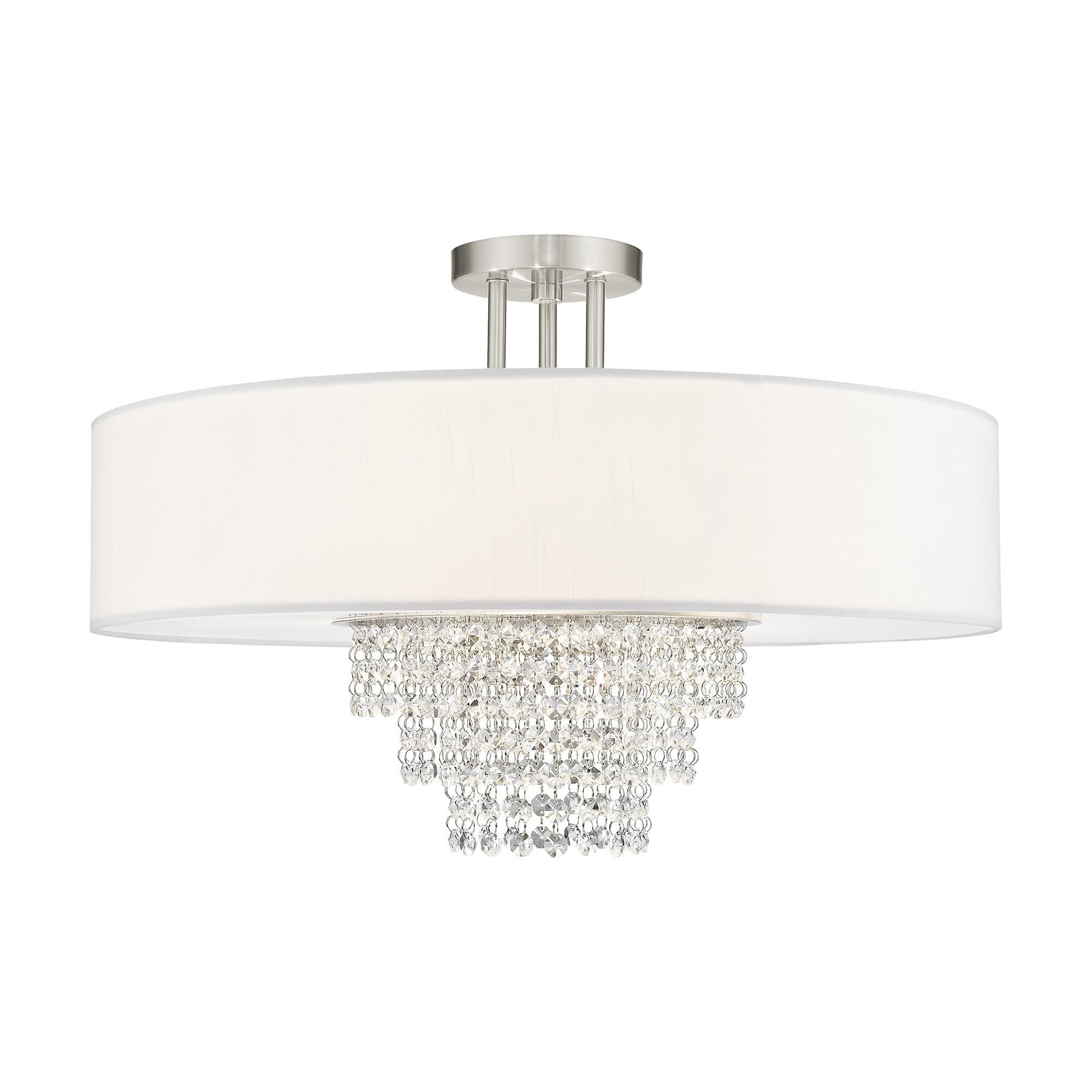 Shown in Brushed Nickel finish and Clear crystal and Off-White Sheer Organza shade