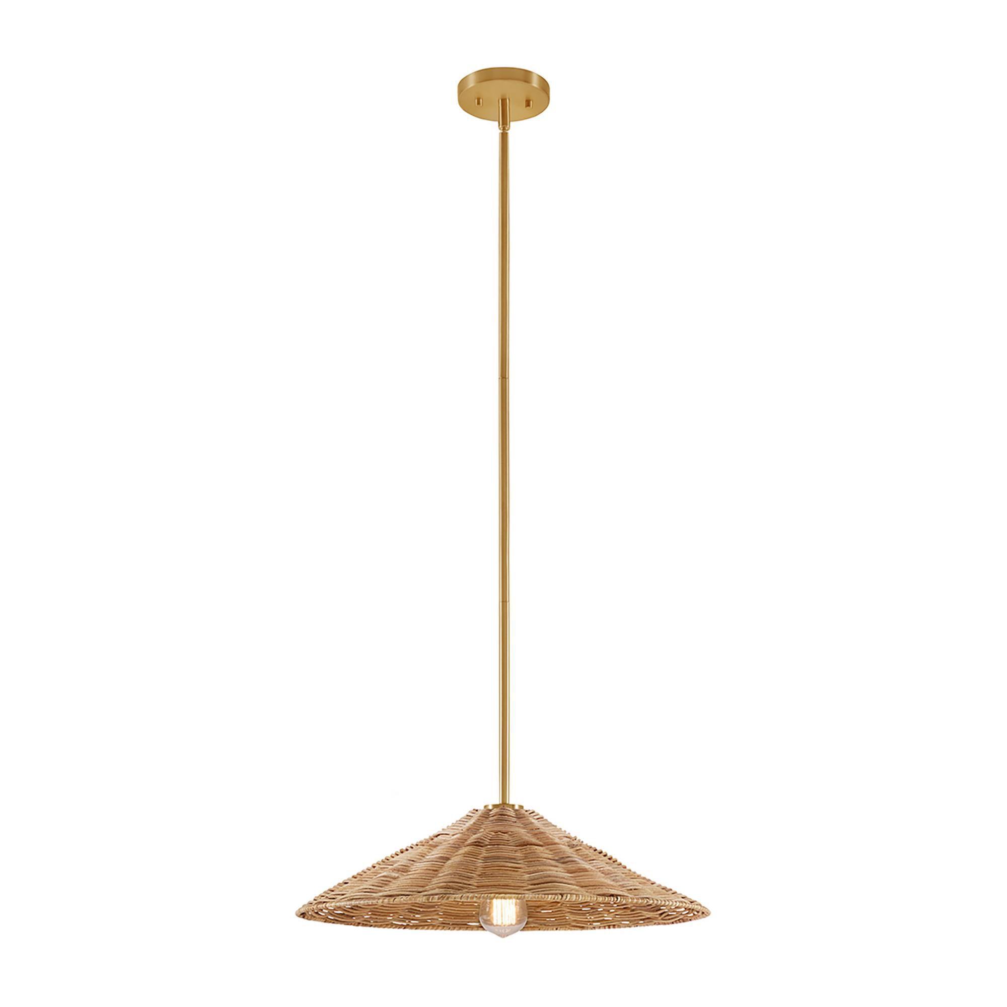 Shown in Natural Brass finish and Natural Rattan shade