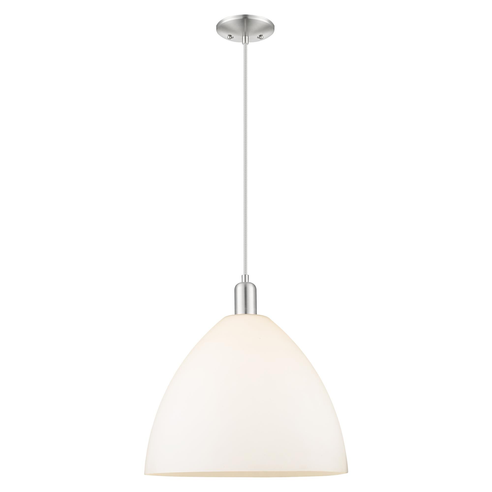 Shown in Brushed Satin Nickel finish and Matte White glass