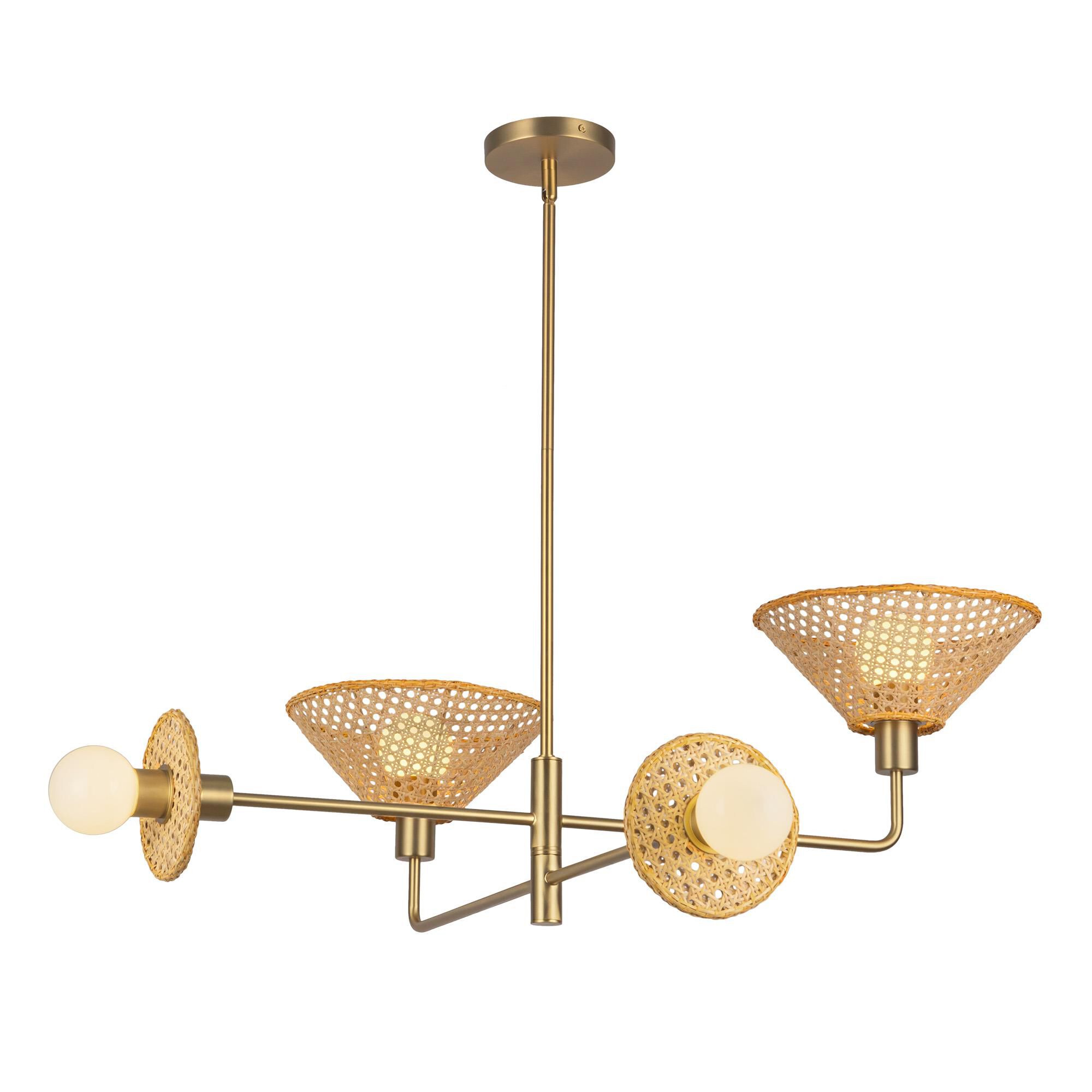 Shown in Brushed Gold finish and Rattan shade