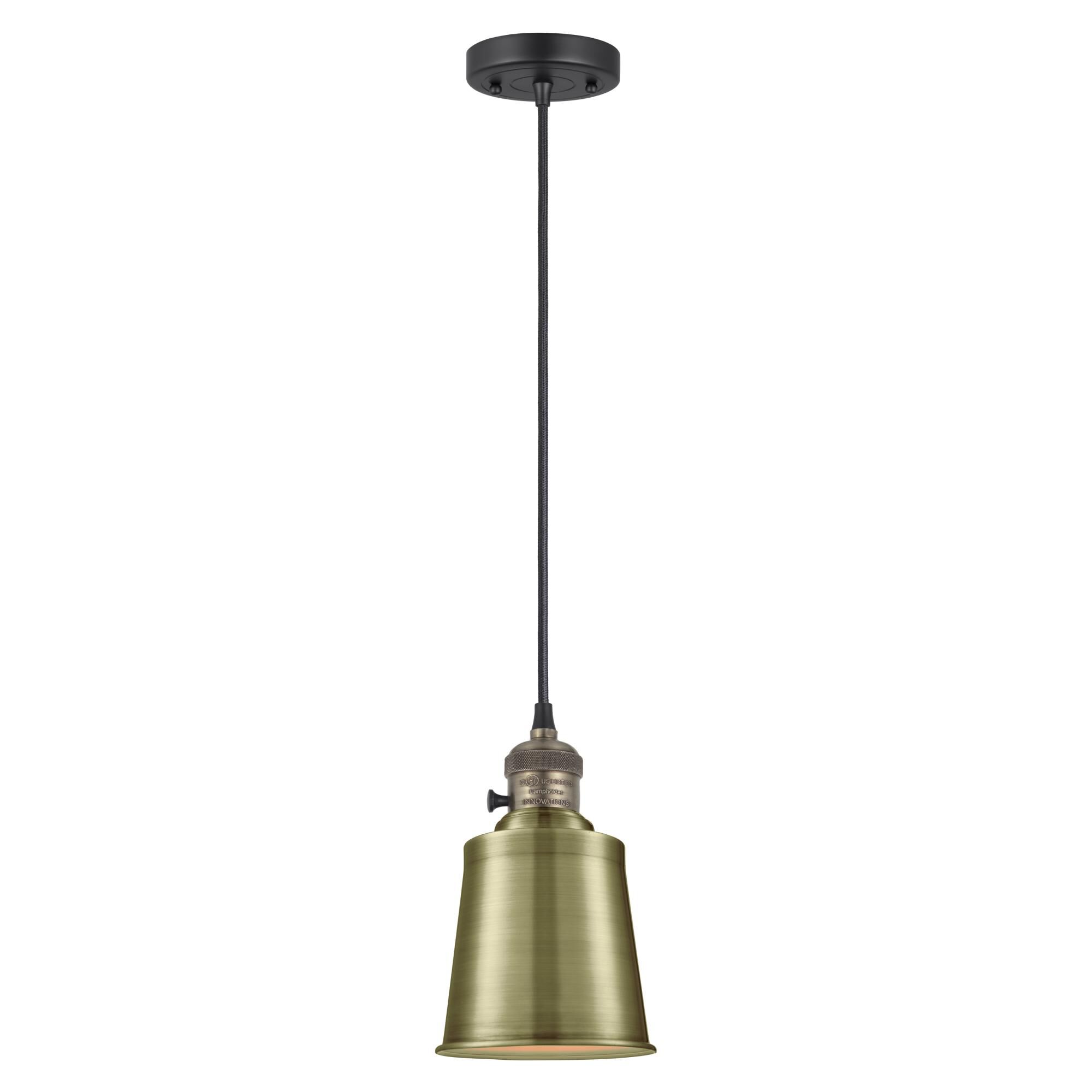Shown in Black Antique Brass and Antique Brass finish and Black Antique Brass and Antique Brass Addison shade