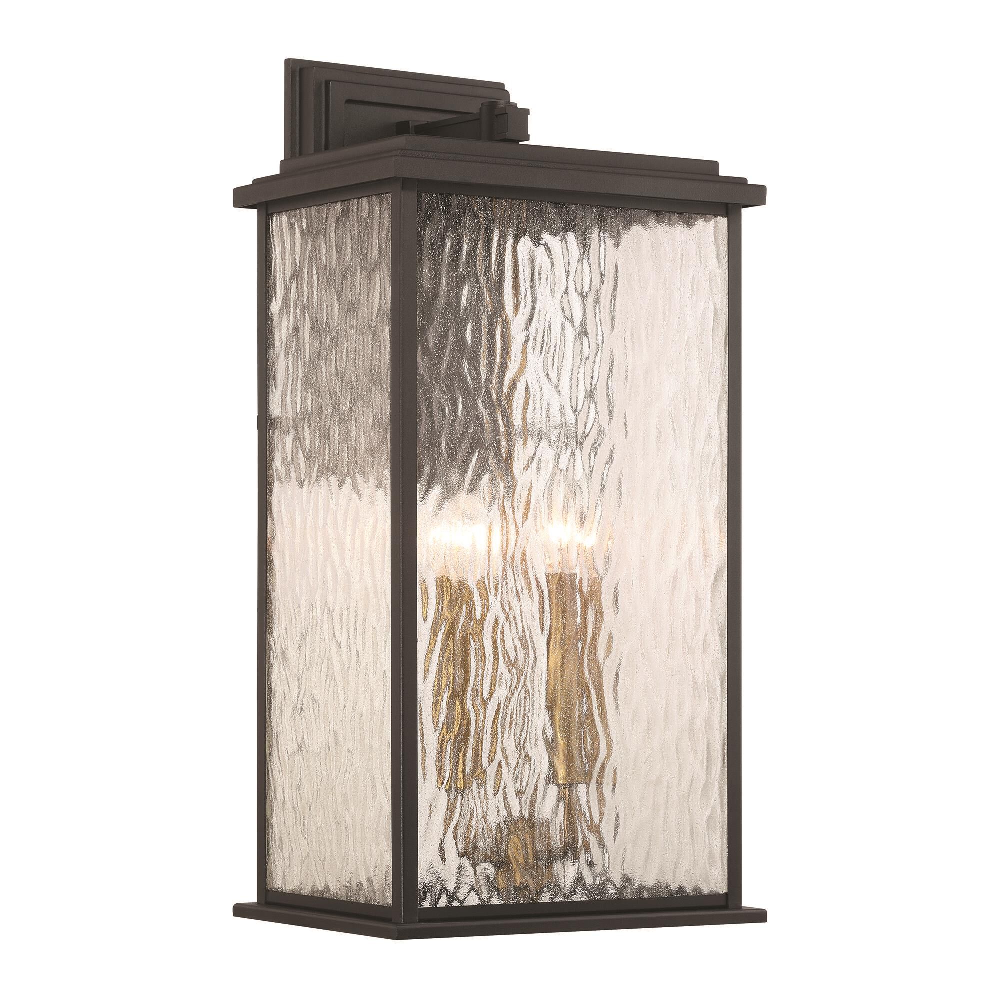 Shown in Black and Brass finish and Rain glass