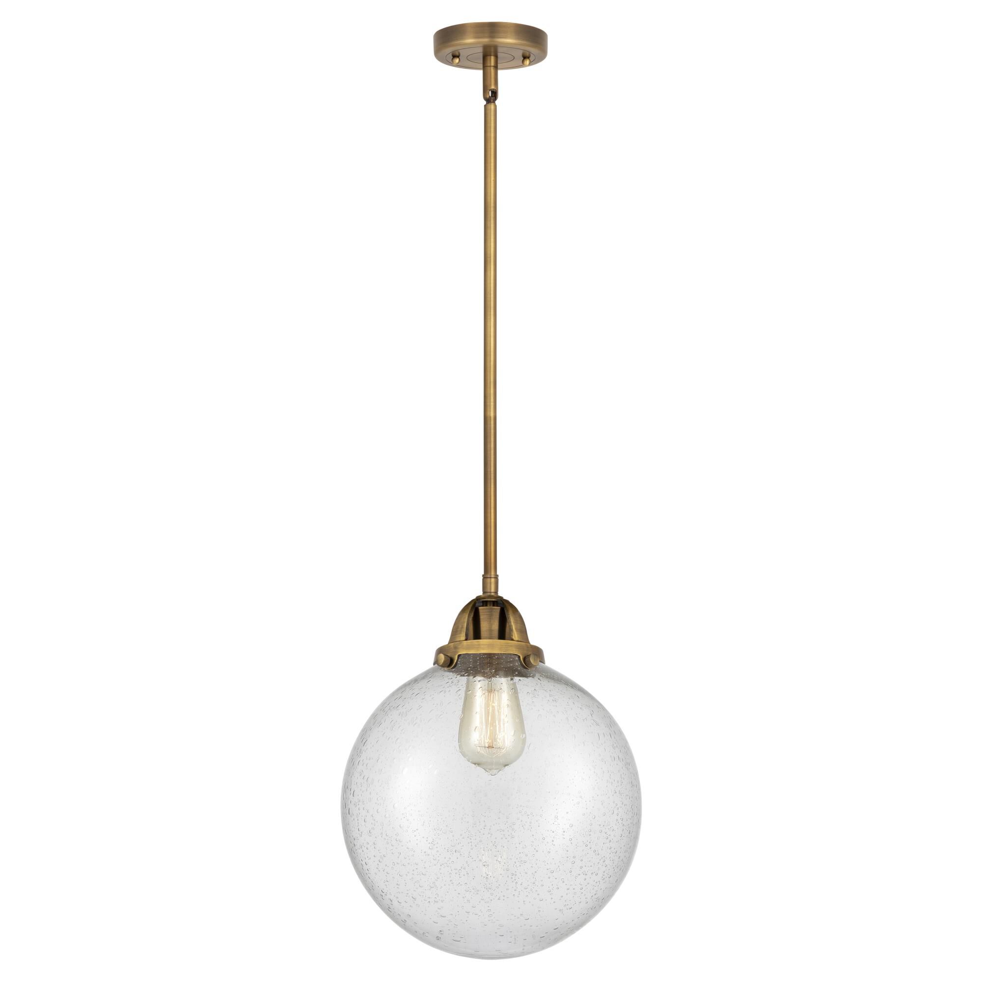 Shown in Brushed Brass finish and Seedy Globe glass and No Shade shade