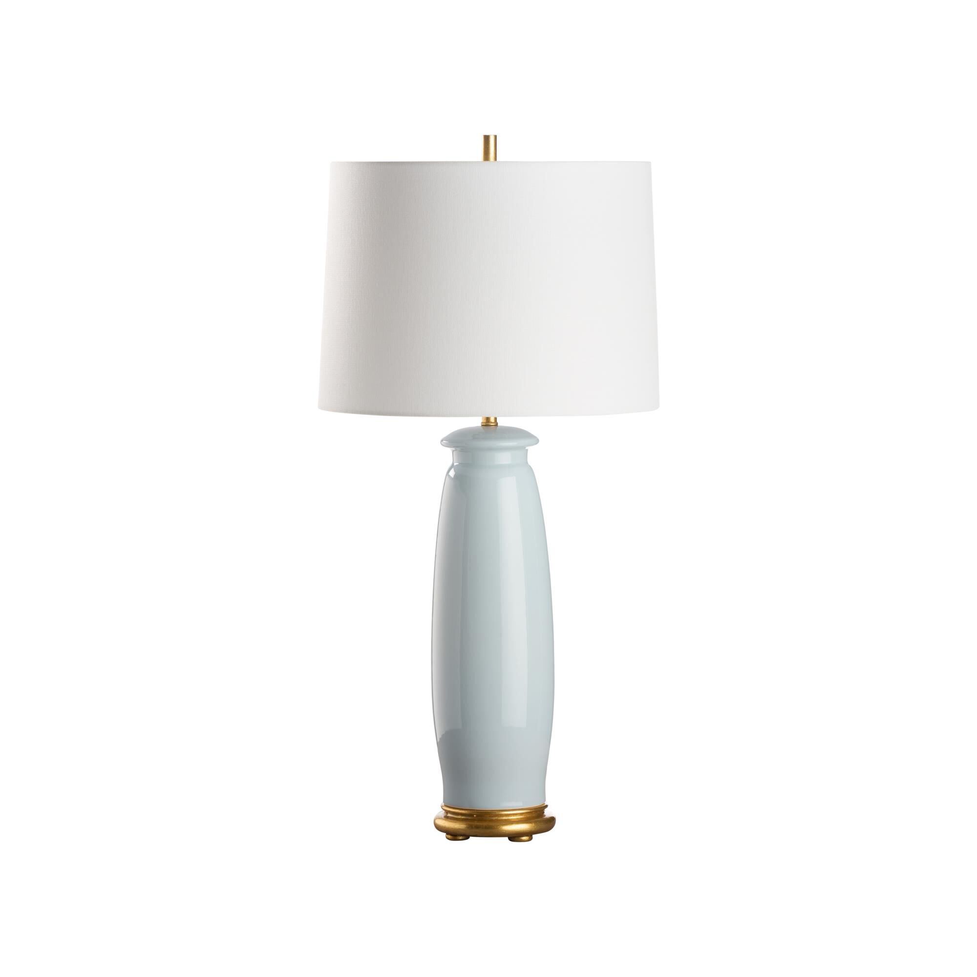 Shown in Blue and Gold finish and Linen shade