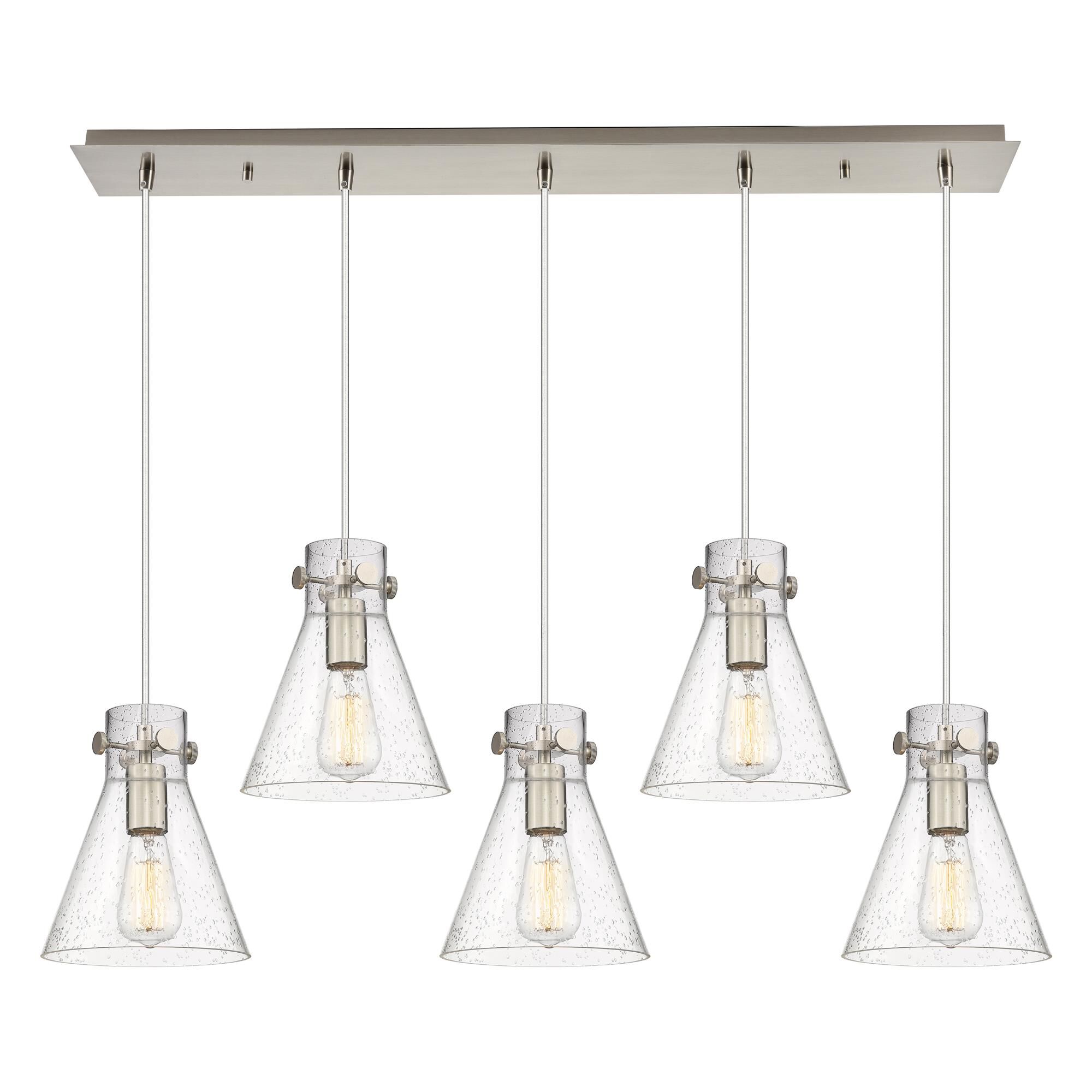 Shown in Brushed Satin Nickel finish and Seedy glass and Seedy Glass shade