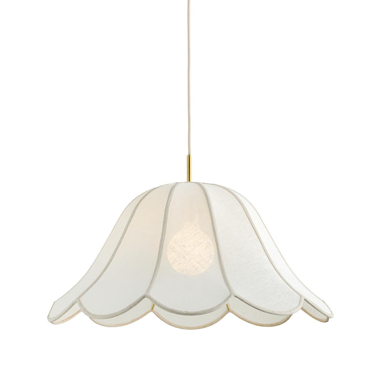 Shown in Aged Brass finish and White Linen Fabric shade