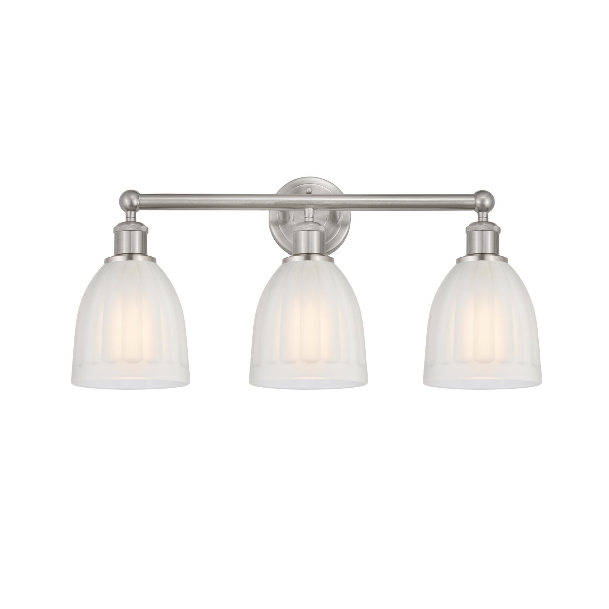 Shown in Brushed Satin Nickel, White finish and White glass and White Glass shade