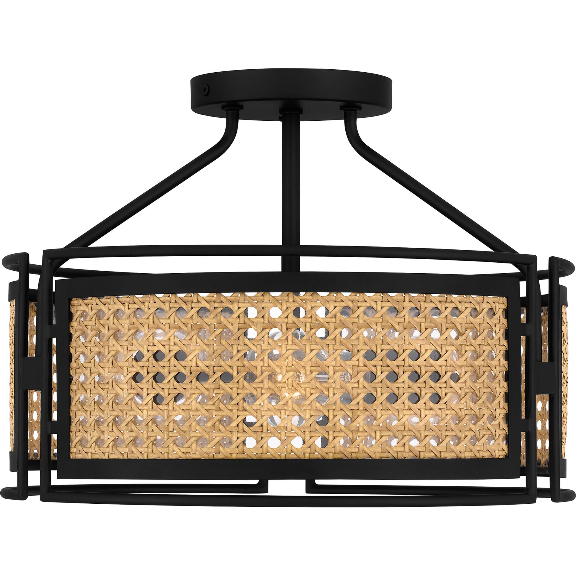 Shown in Matte Black finish and Rattan Caning shade