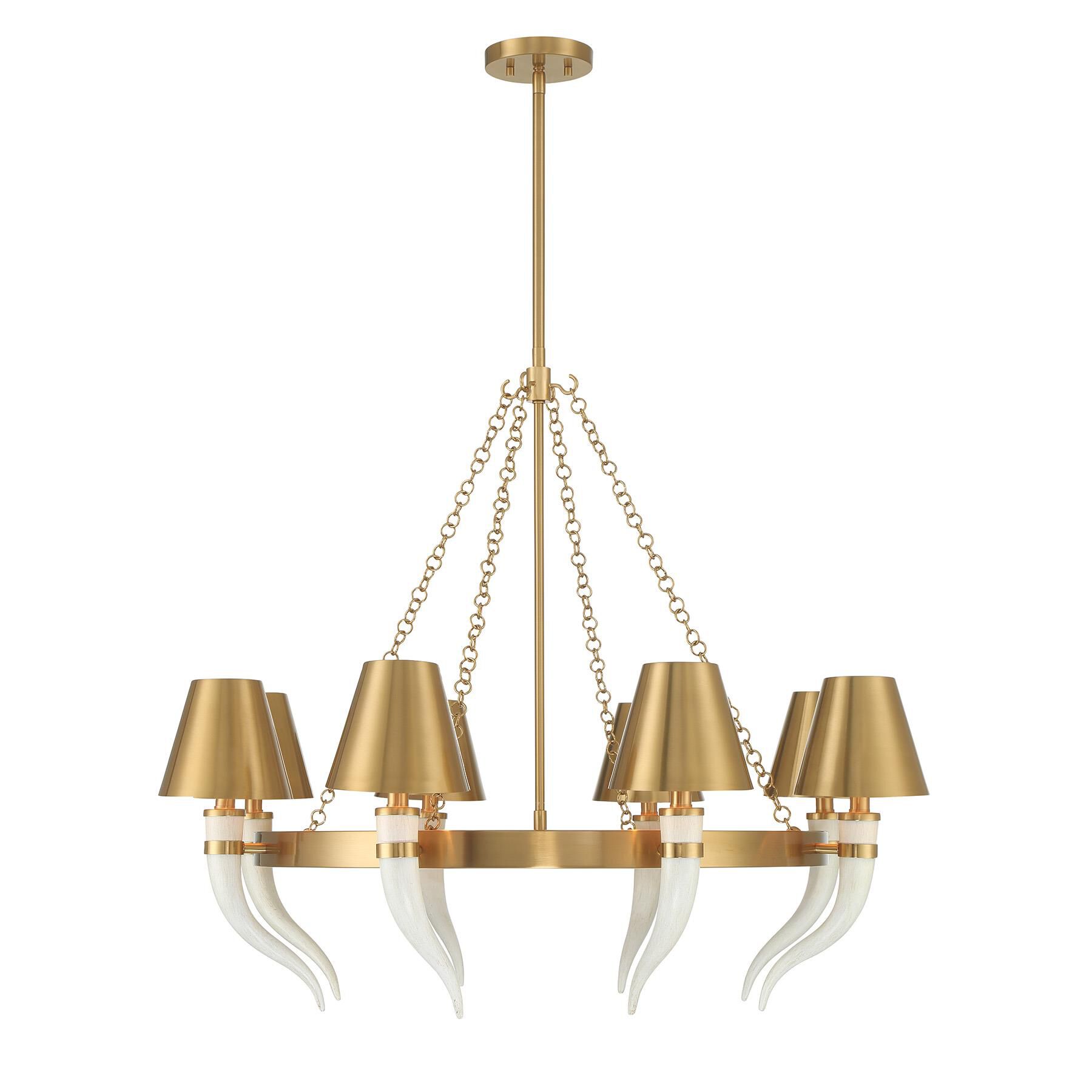 Shown in Warm Brass finish and Warm Brass Metal shade and Curved Faux Horns accent
