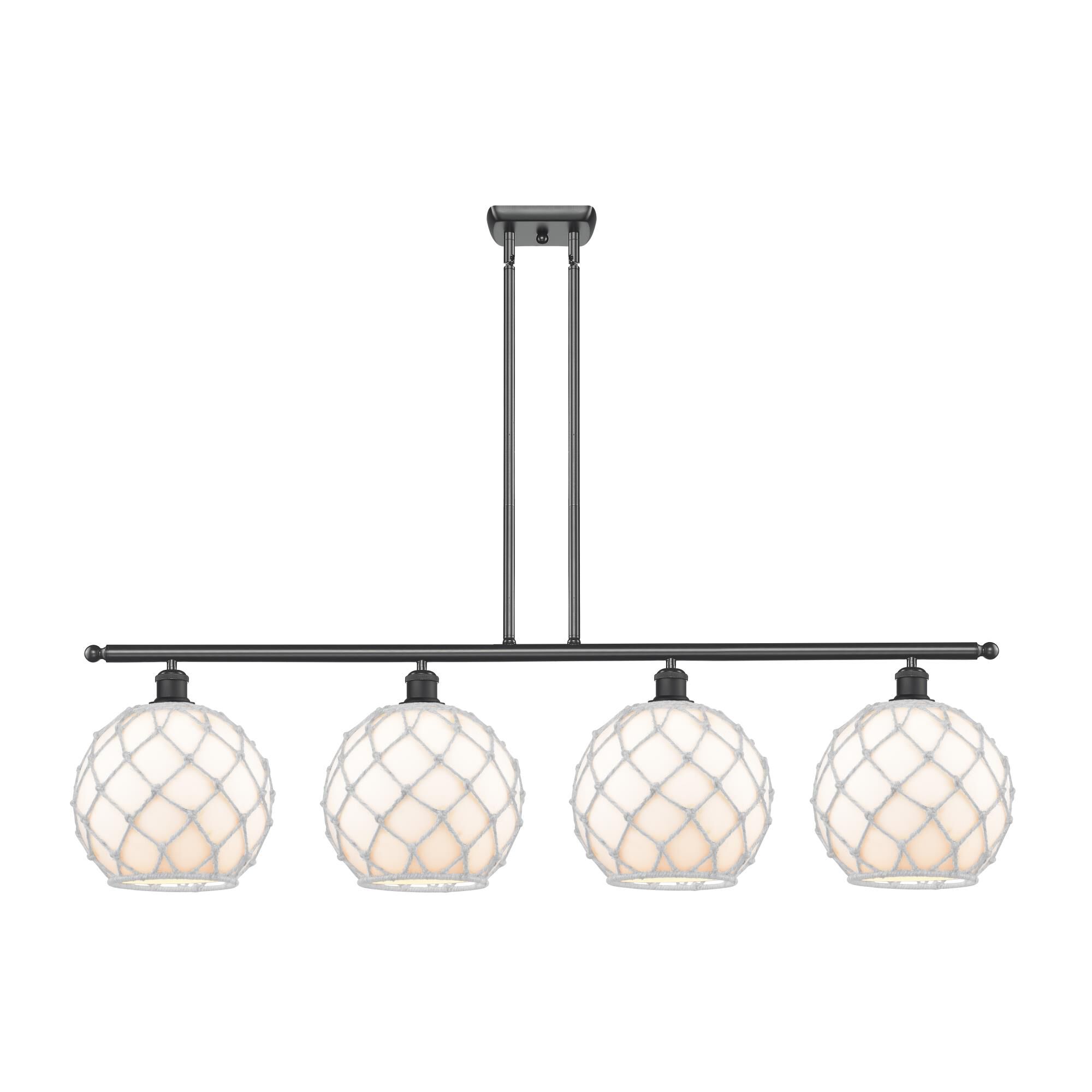 Shown in Matte Black finish and Sphere glass and Glass And Rope shade