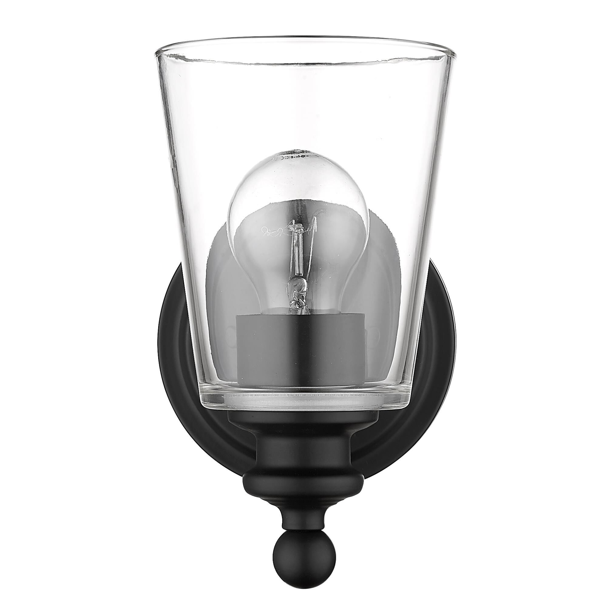Shown in Matte Black finish and Clear glass and Clear, Cone Shaped Glass shade
