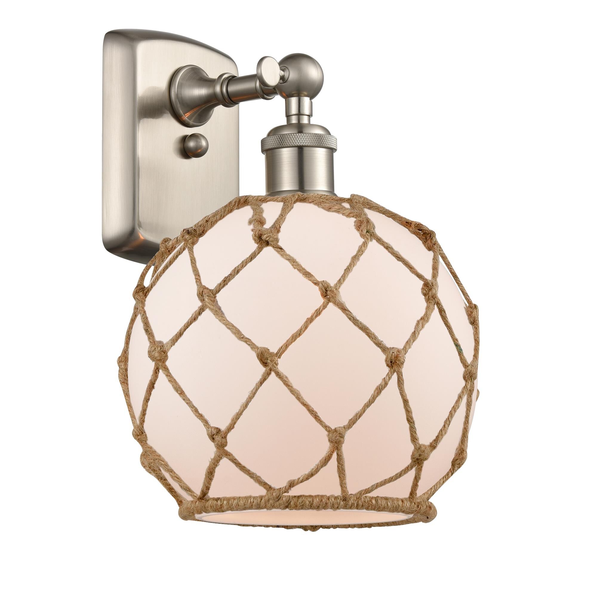 Shown in Brushed Satin Nickel finish and White With Black Rope glass