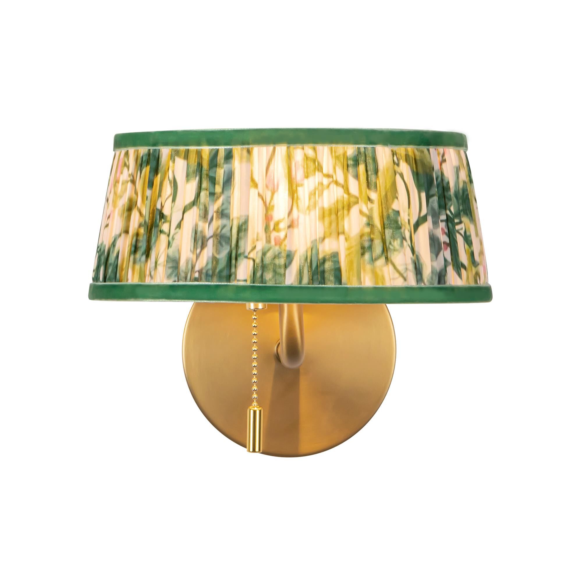 Shown in Brushed Gold finish and Green Linen shade