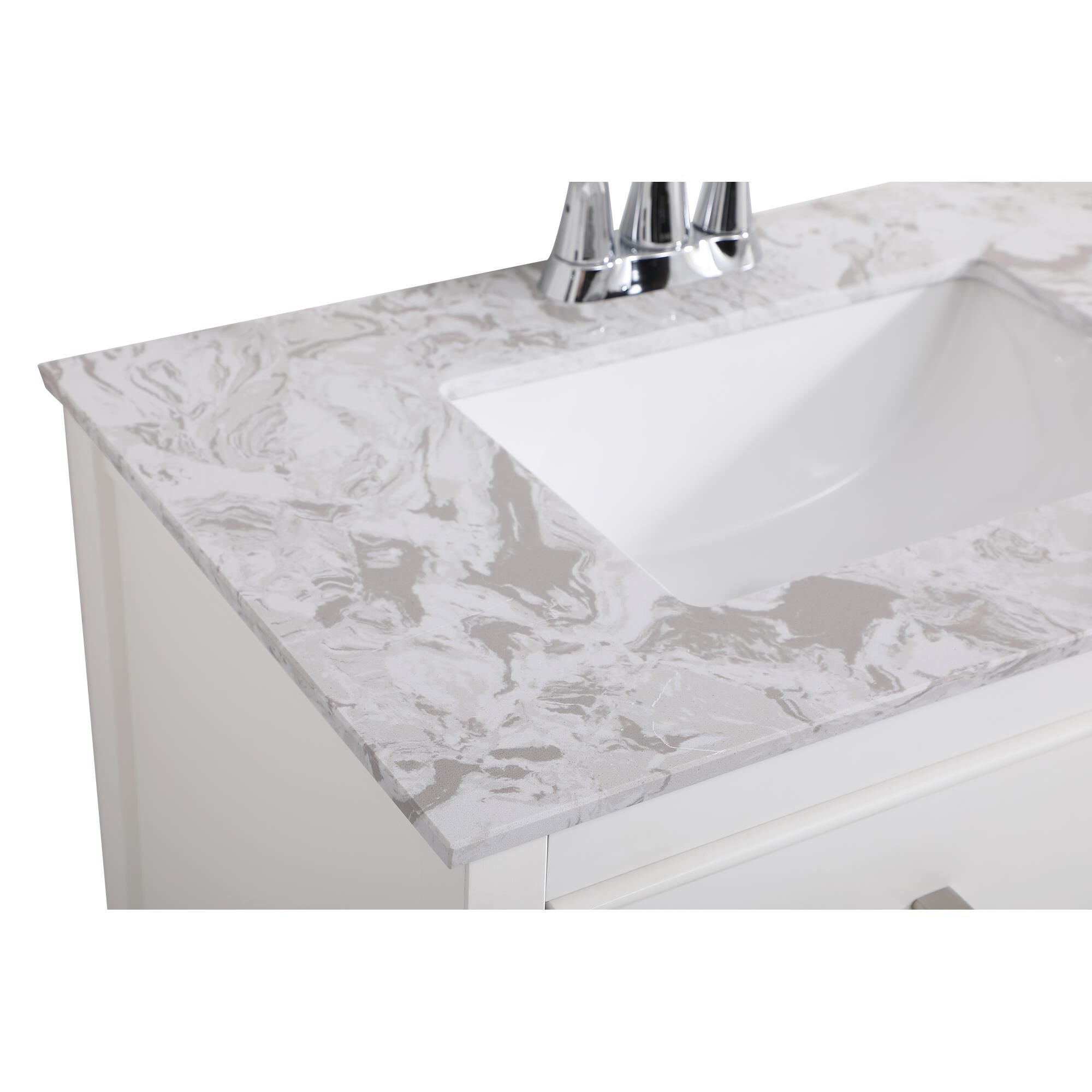Shown in White And Brushed Nickel With Calacatta Quartz finish