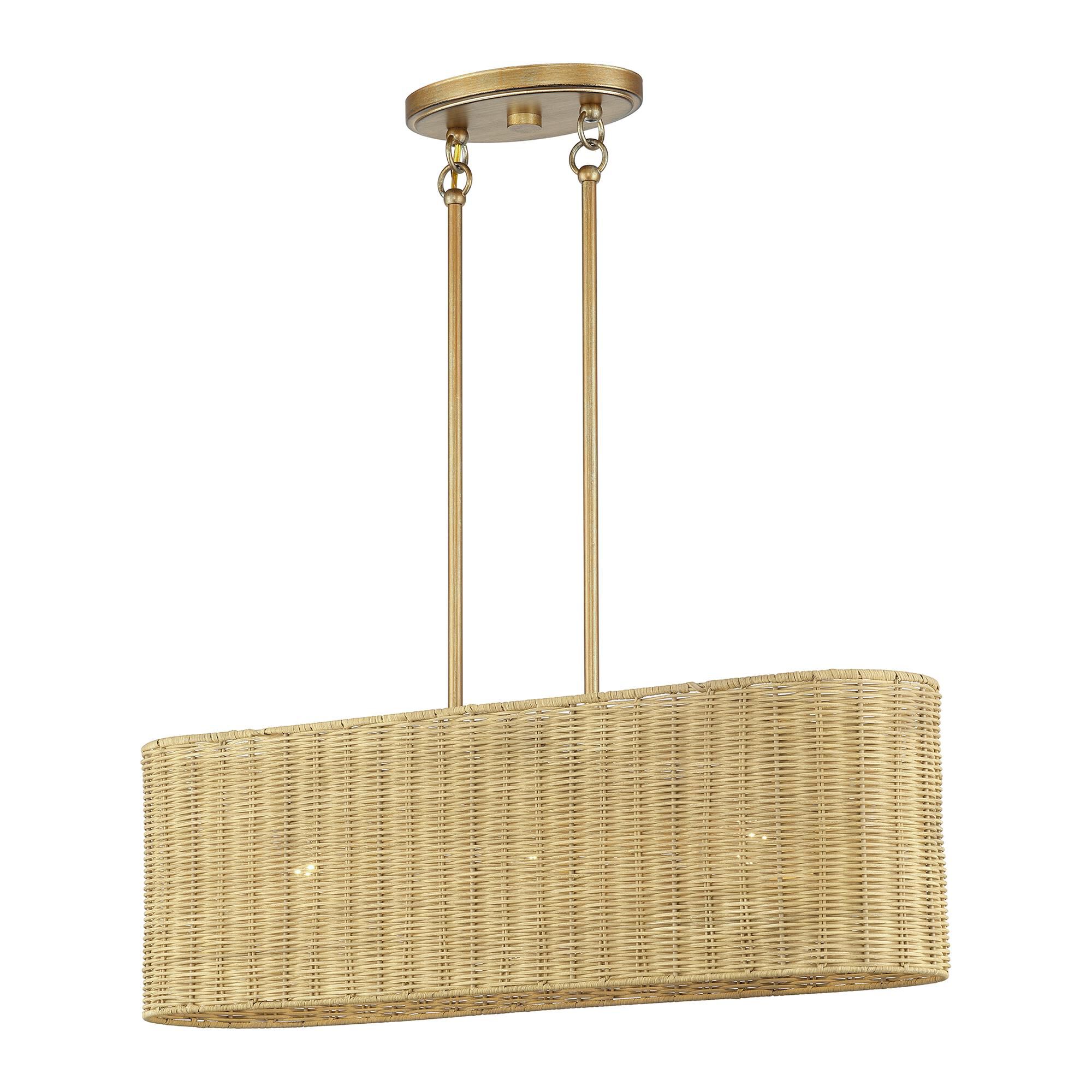 Shown in Antique Gold Leaf finish and Hand-Woven Rustic Walnut Color Rattan shade