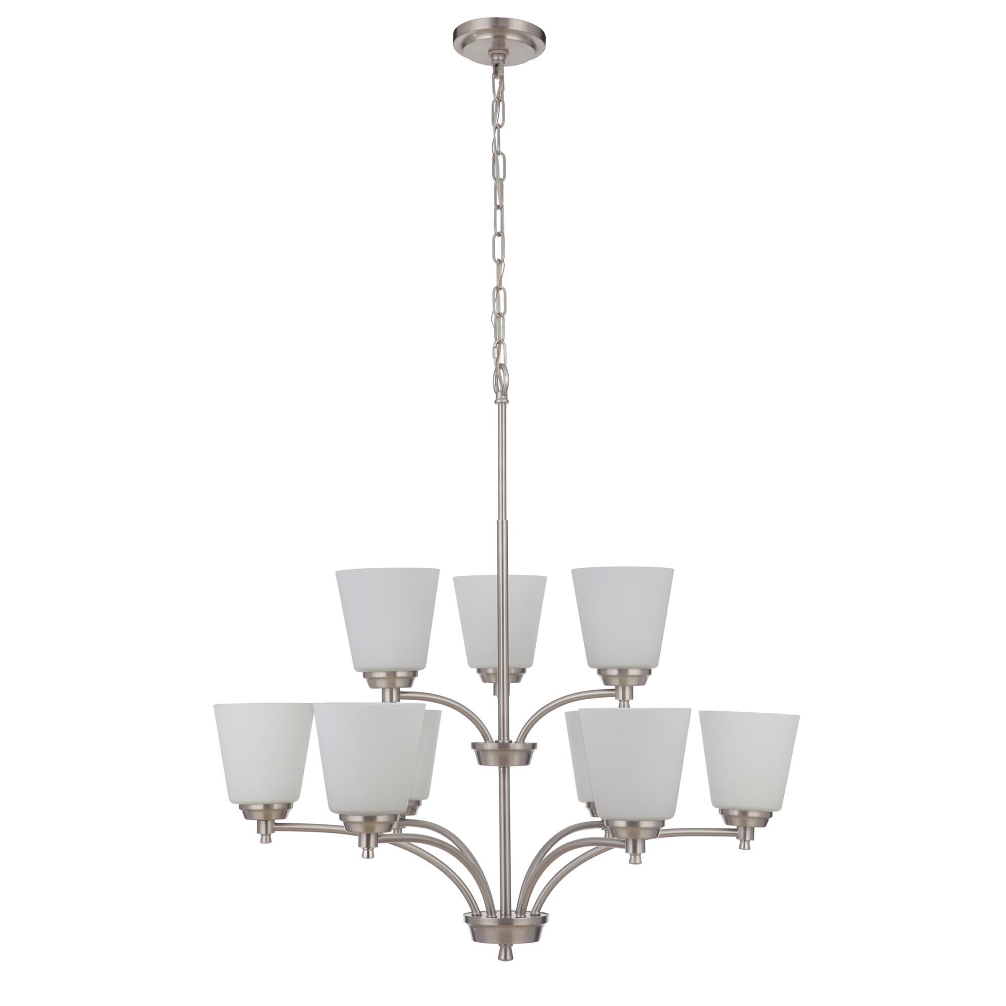 Shown in Brushed Polished Nickel finish and White Frosted glass and Glass shade
