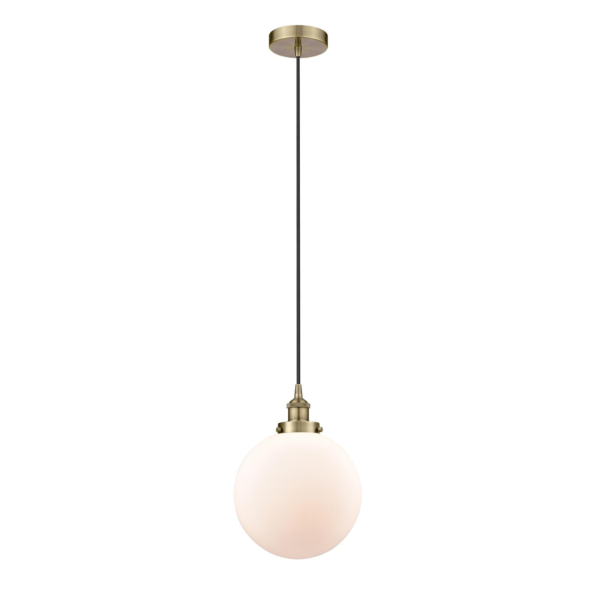 Shown in Antique Brass finish and Matte White Cased Beacon glass