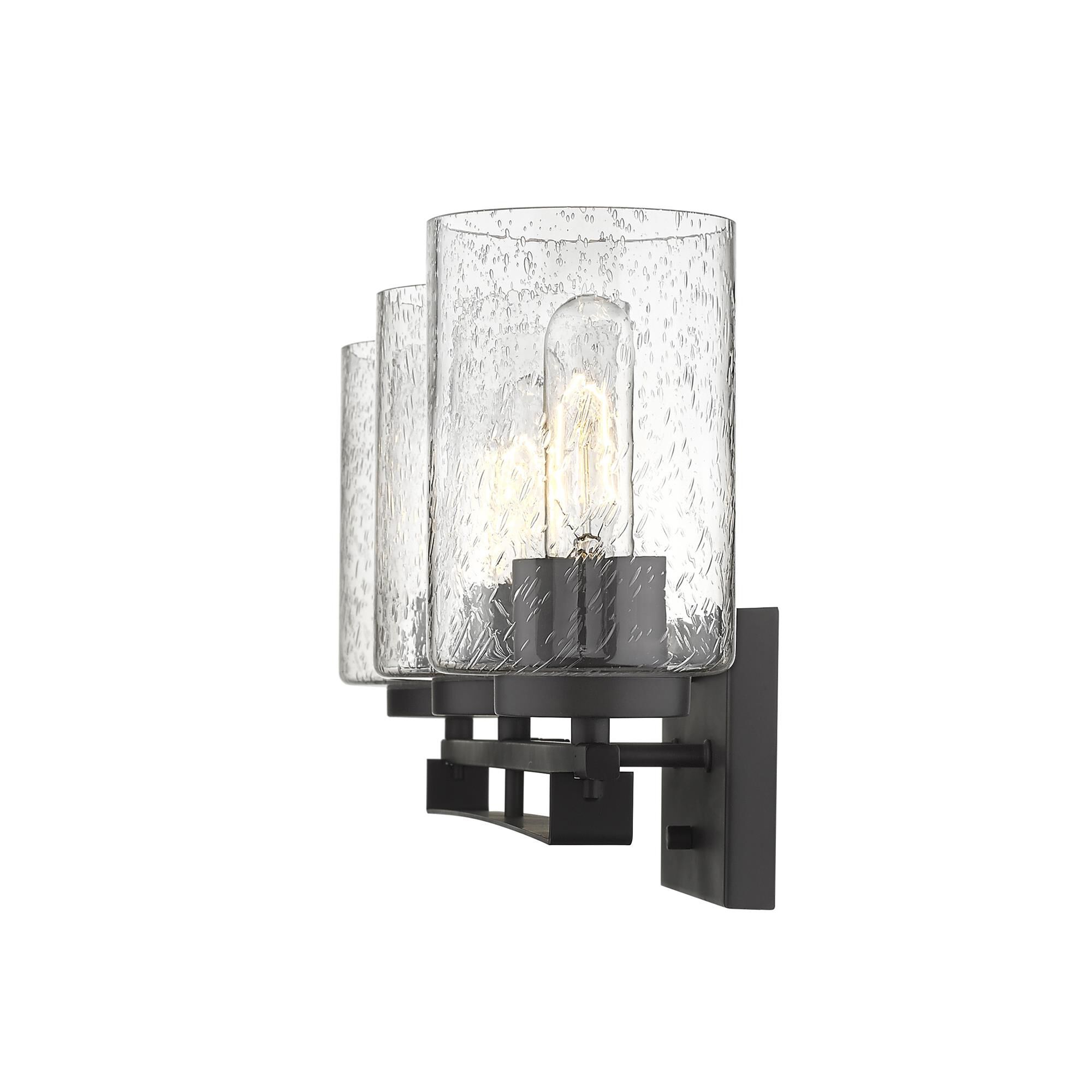 Shown in Oil-Rubbed Bronze finish and Clear glass and Clear, Seeded Cylindrical Glass s shade