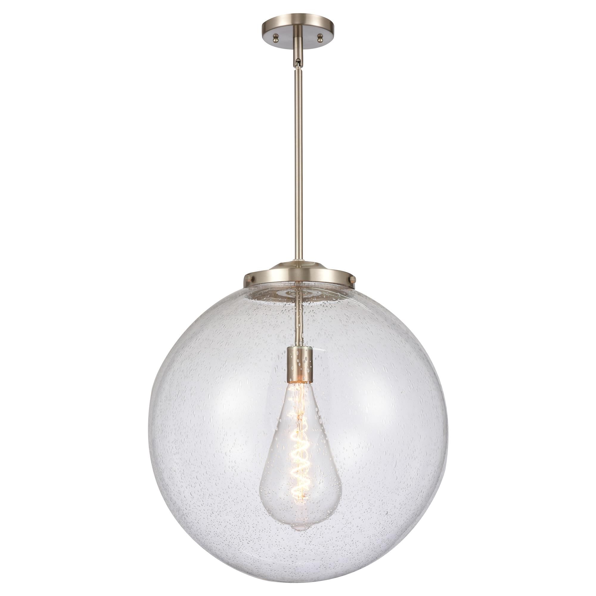 Shown in Brushed Satin Nickel finish and Seedy Beacon glass