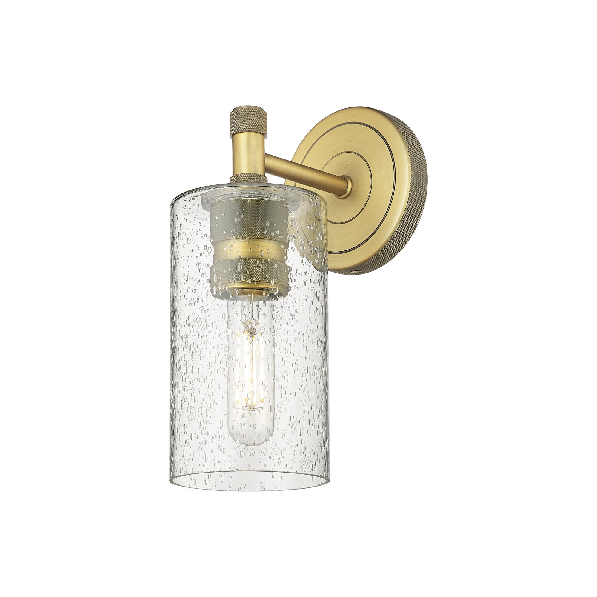Shown in Brushed Brass finish and Seedy glass and Seedy Glass shade