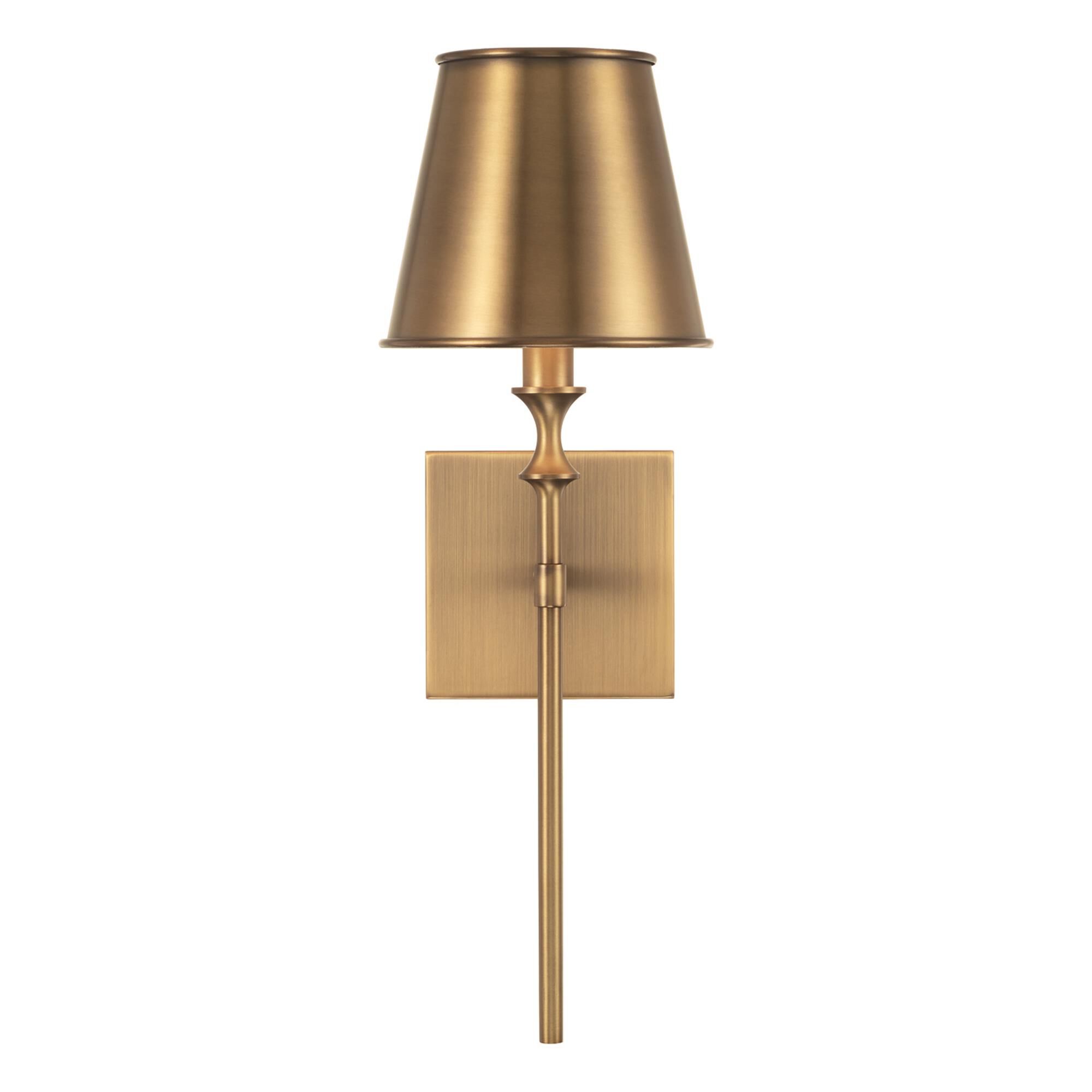 Shown in Aged Brass finish and Aged Brass Metal Stay-Straight  with White Interior shade
