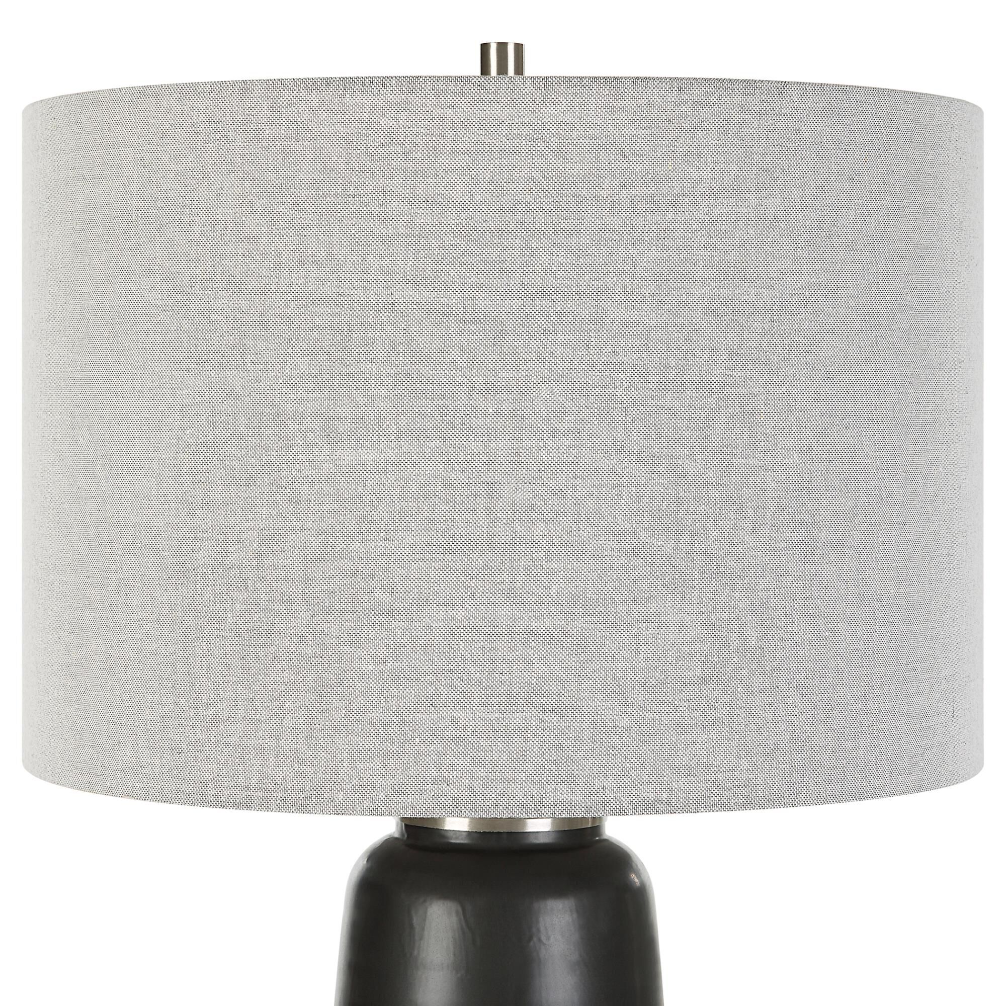 Shown in This Ceramic Table Lamp Features A Warm Gray And Aged Black Glaze Finish Separated By A Rustic Brown finish and Round Drum Hardback shade
