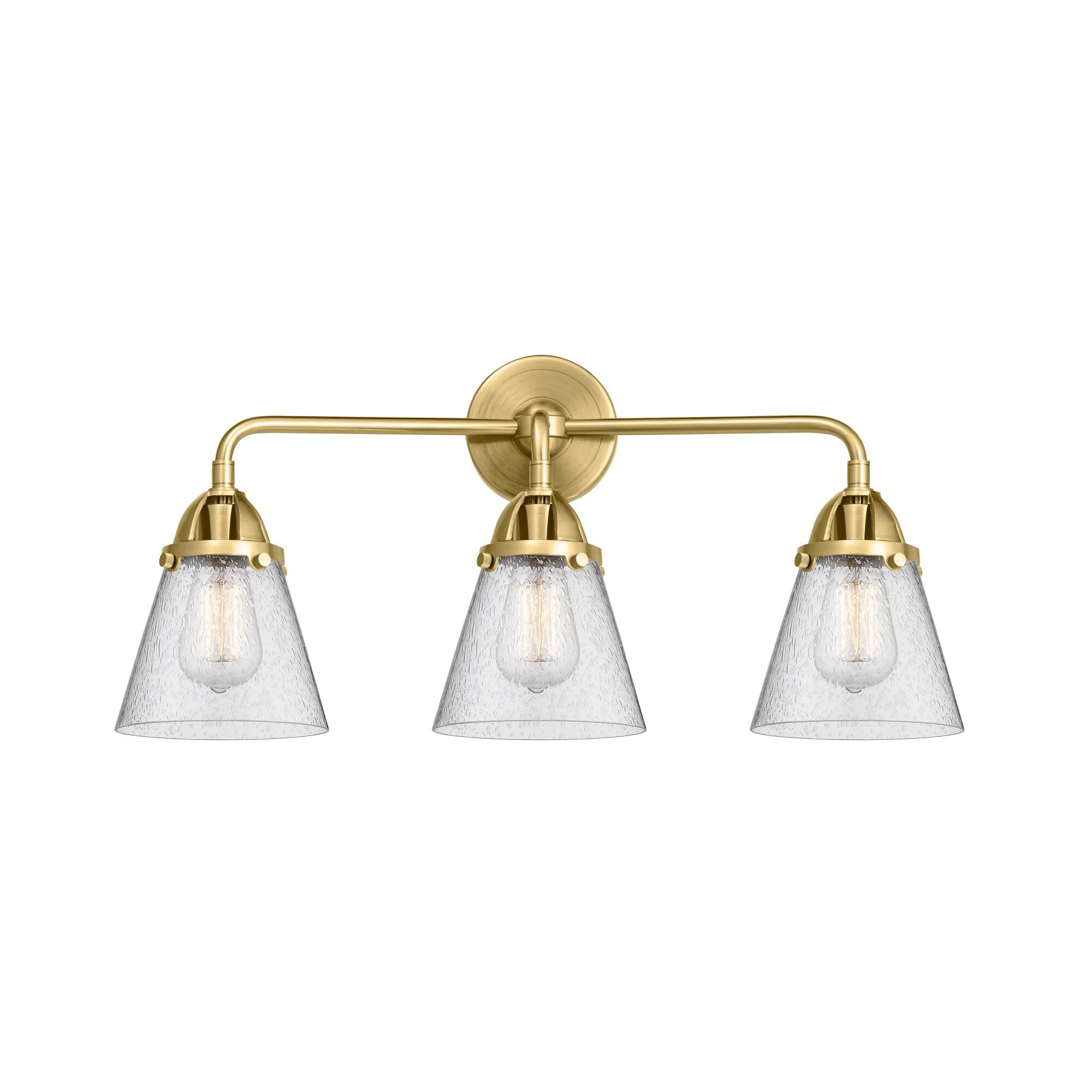 Shown in Satin Gold finish and Seedy Small Cone glass and No Shade shade