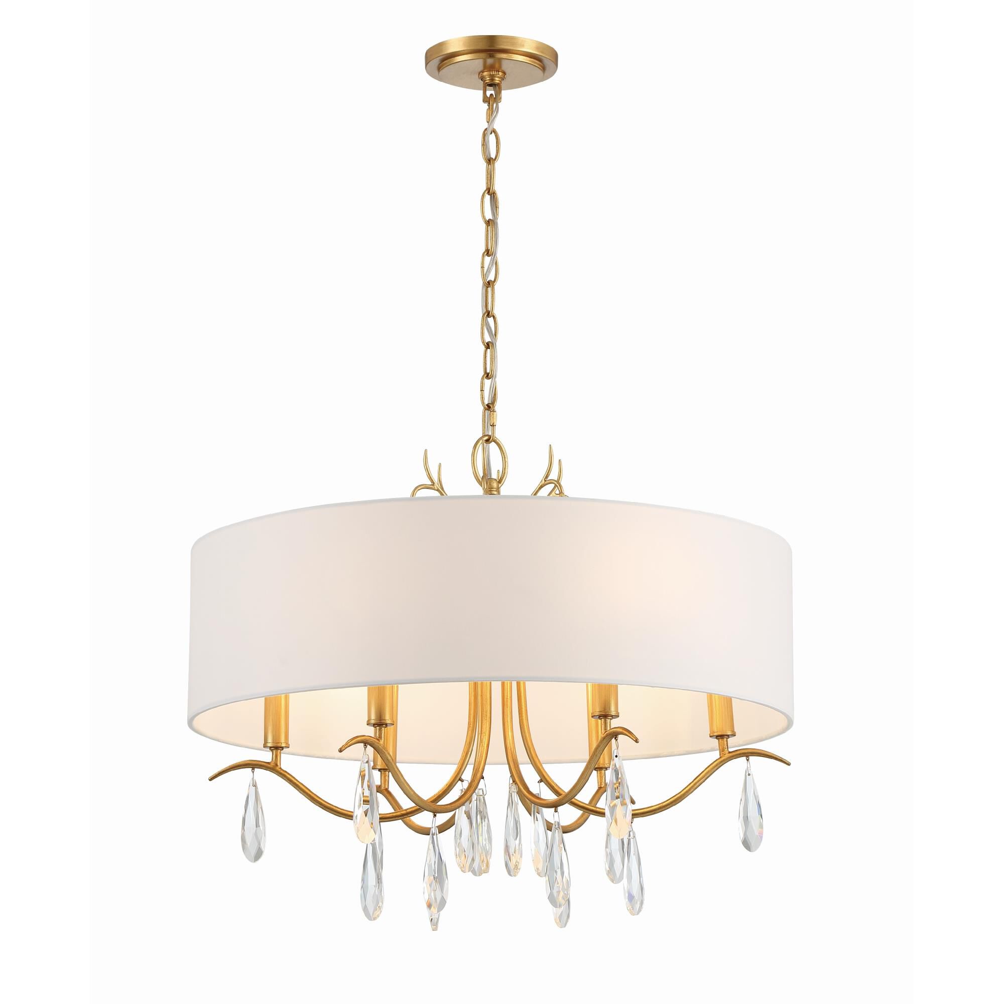 Shown in Antique Gold finish and Hand Cut crystal and Silk glass and Silk shade