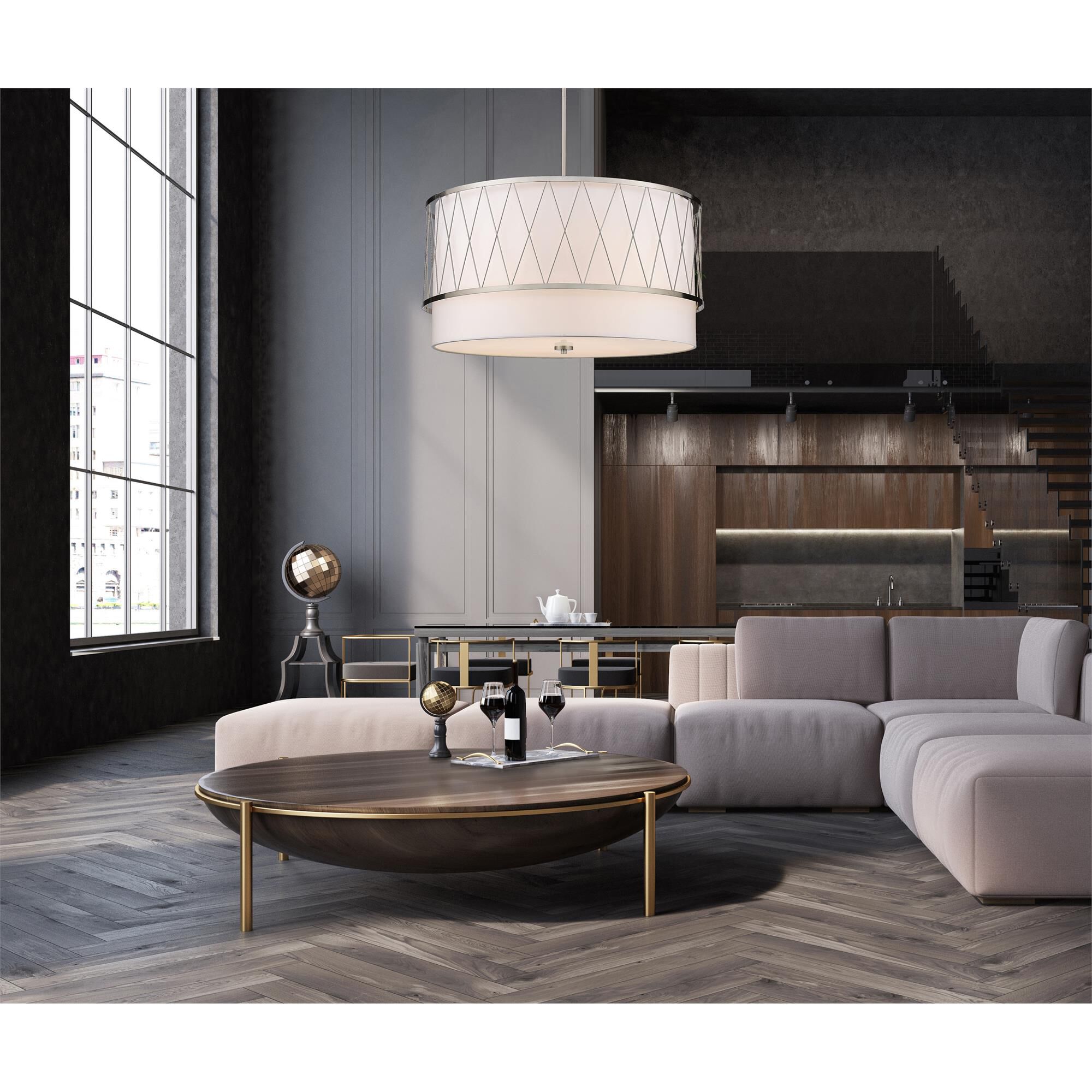 Shown in Brushed Nickel finish and White glass and White shade