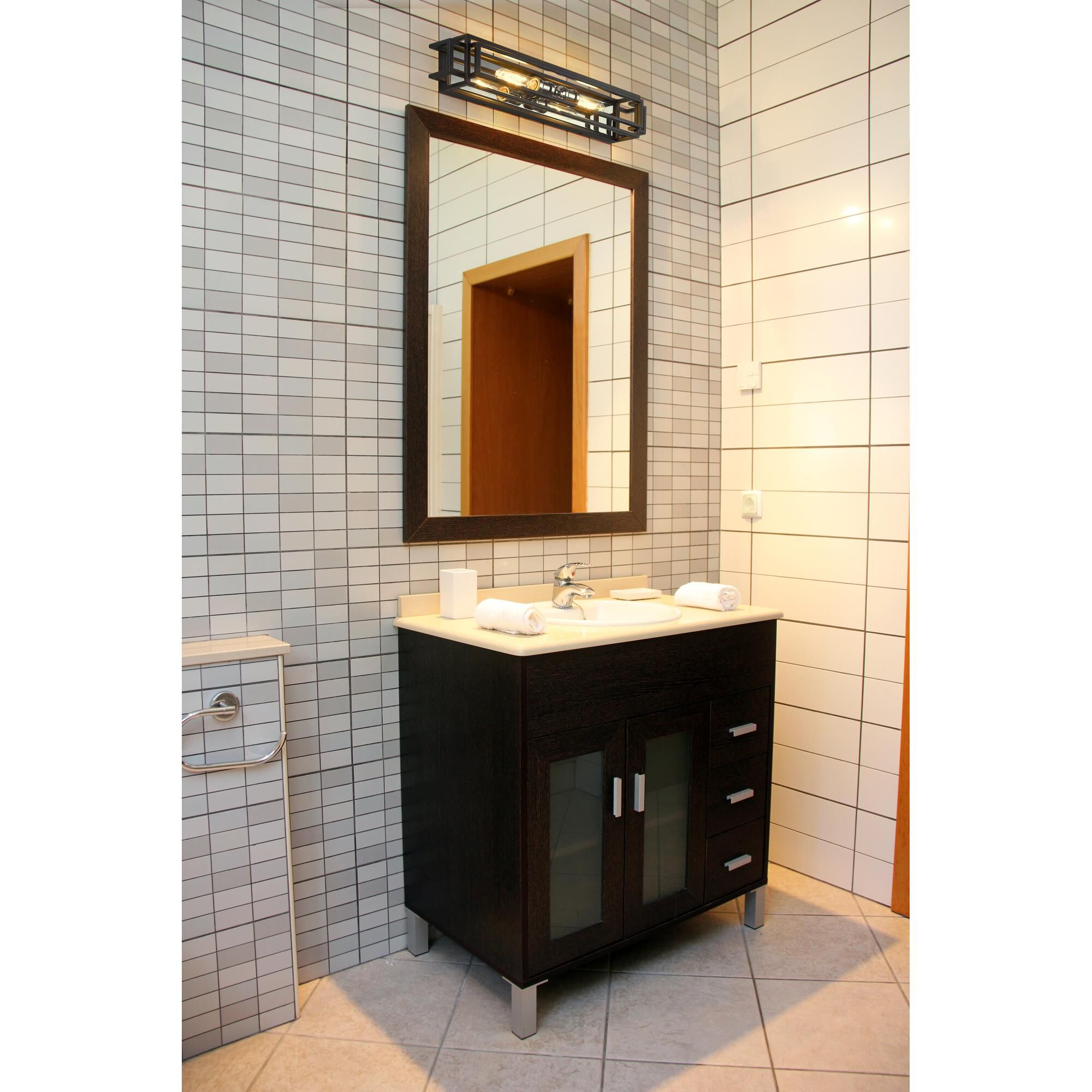 Shown in Black + Chrome finish and --- glass and --- shade