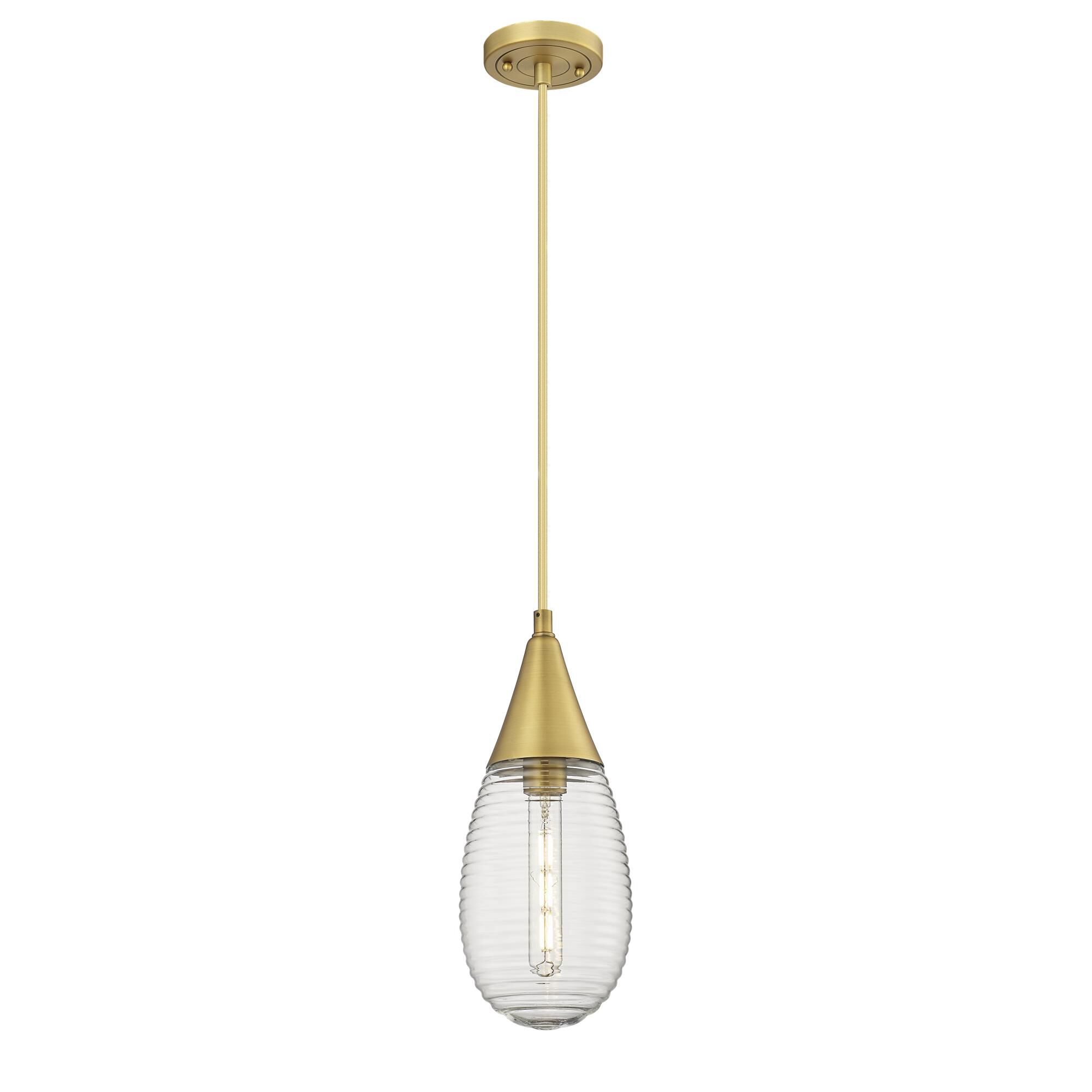 Shown in Brushed Brass finish and Striped Clear glass and Striped Clear Glass shade
