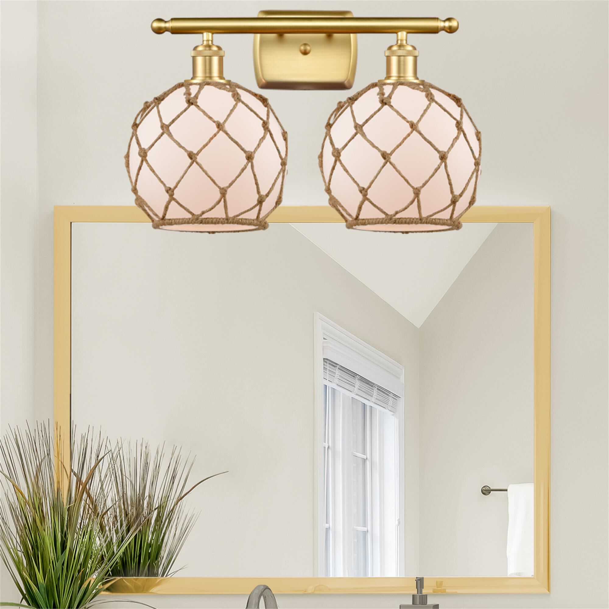 Shown in Satin Gold finish and White glass and Brown Rope accent