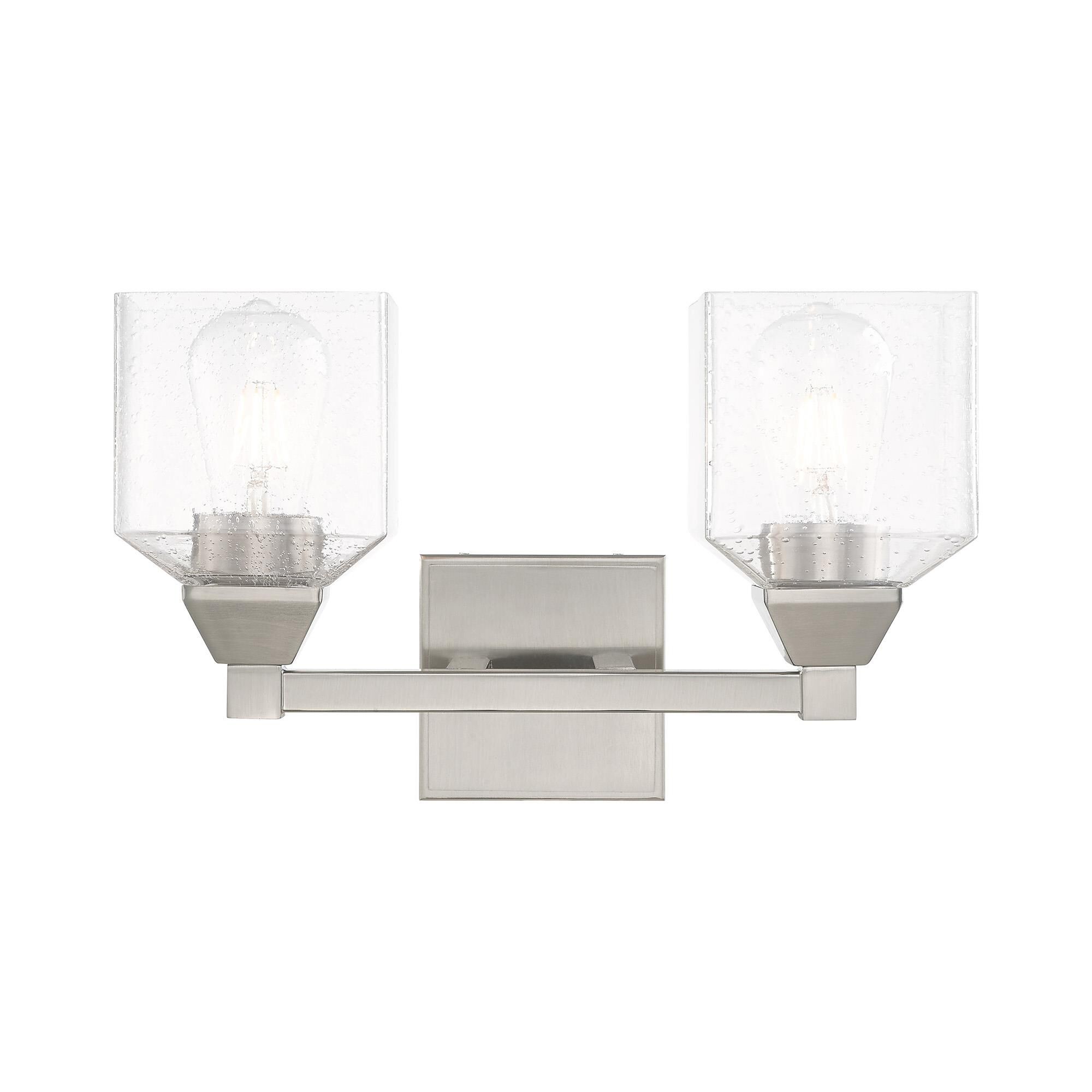 Shown in Brushed Nickel finish and Hand Blown Clear Seeded glass