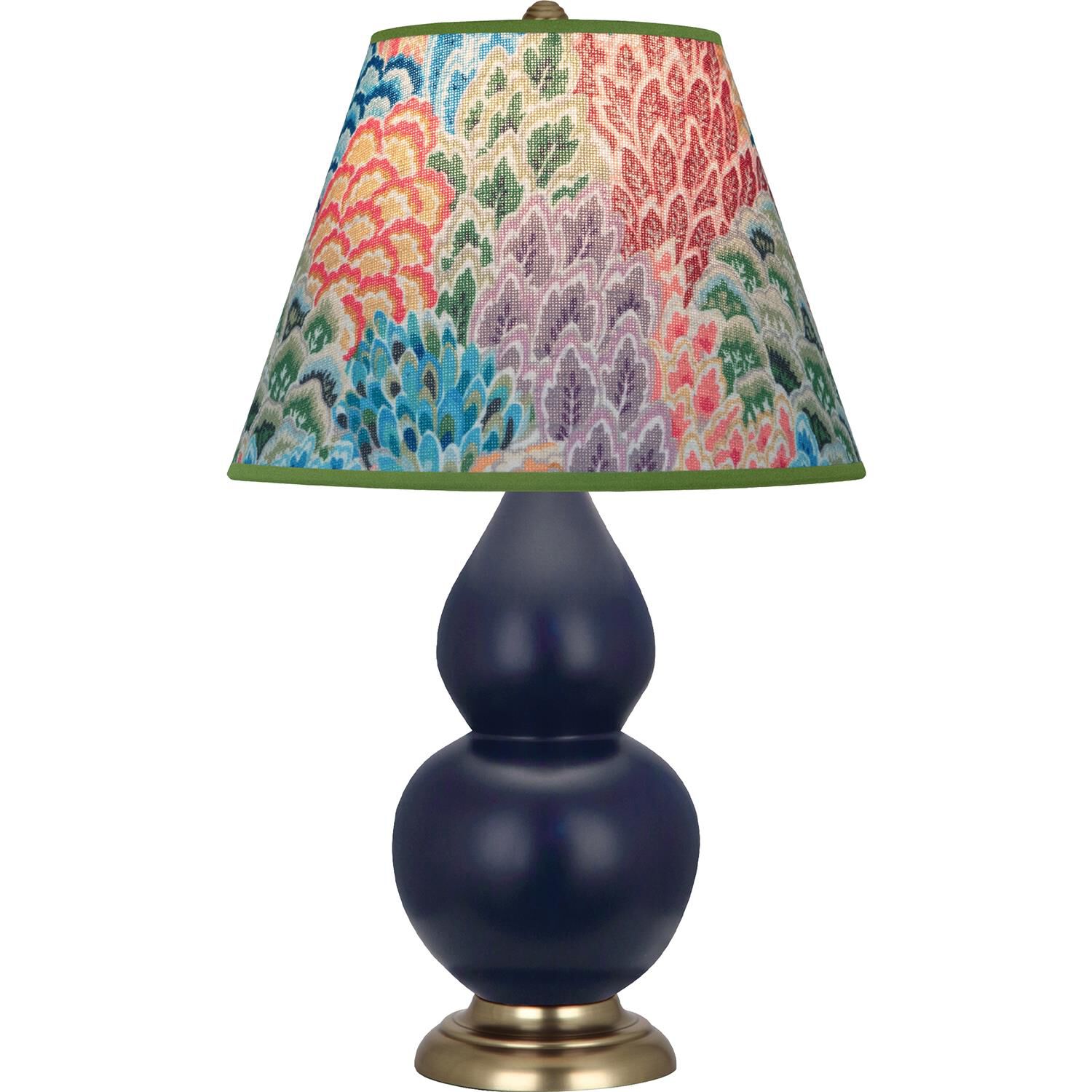 Shown in Matte Midnight Blue finish and Multicolor shade and Antique Brass accent