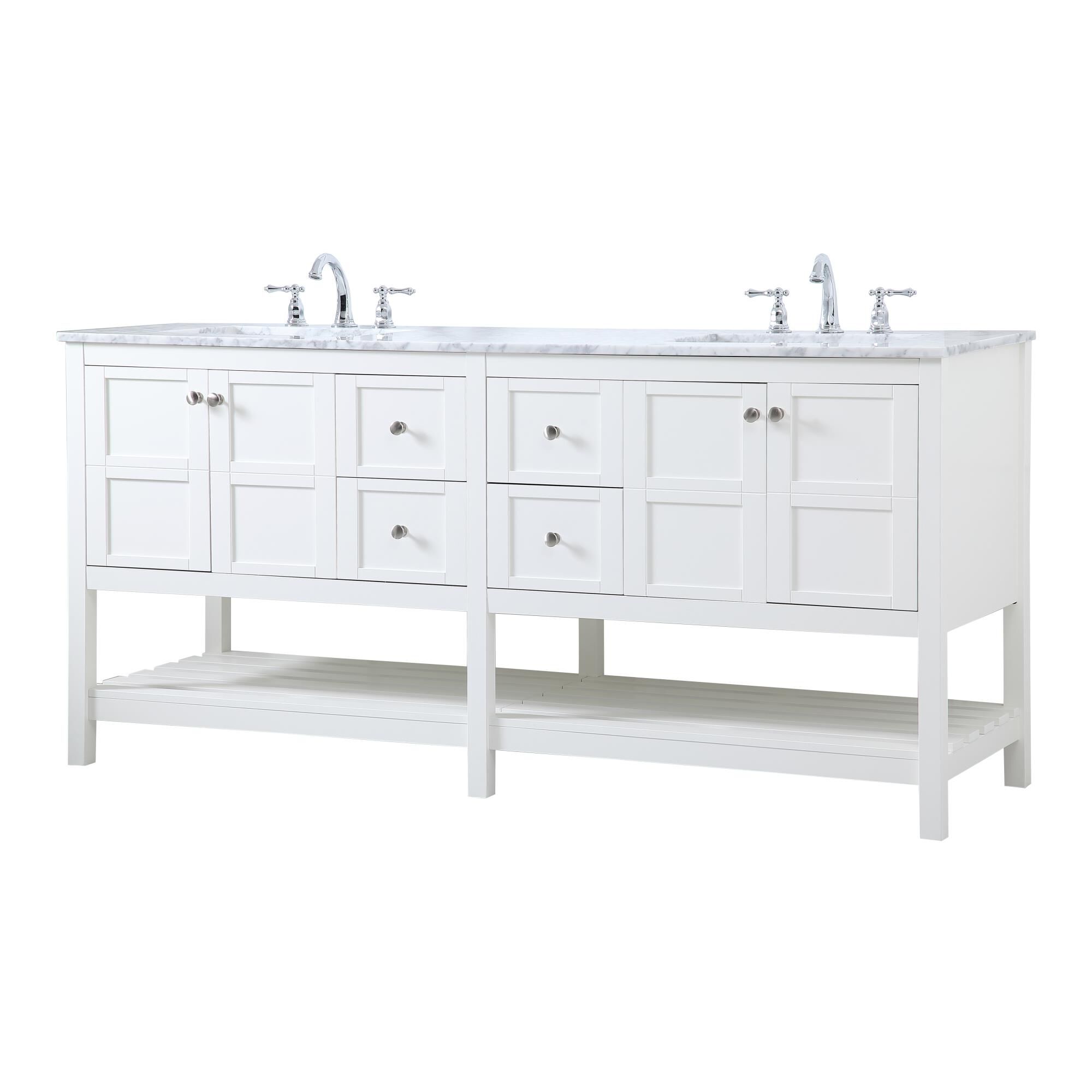 Shown in White And Brushed Nickel With Carrara White Marble finish