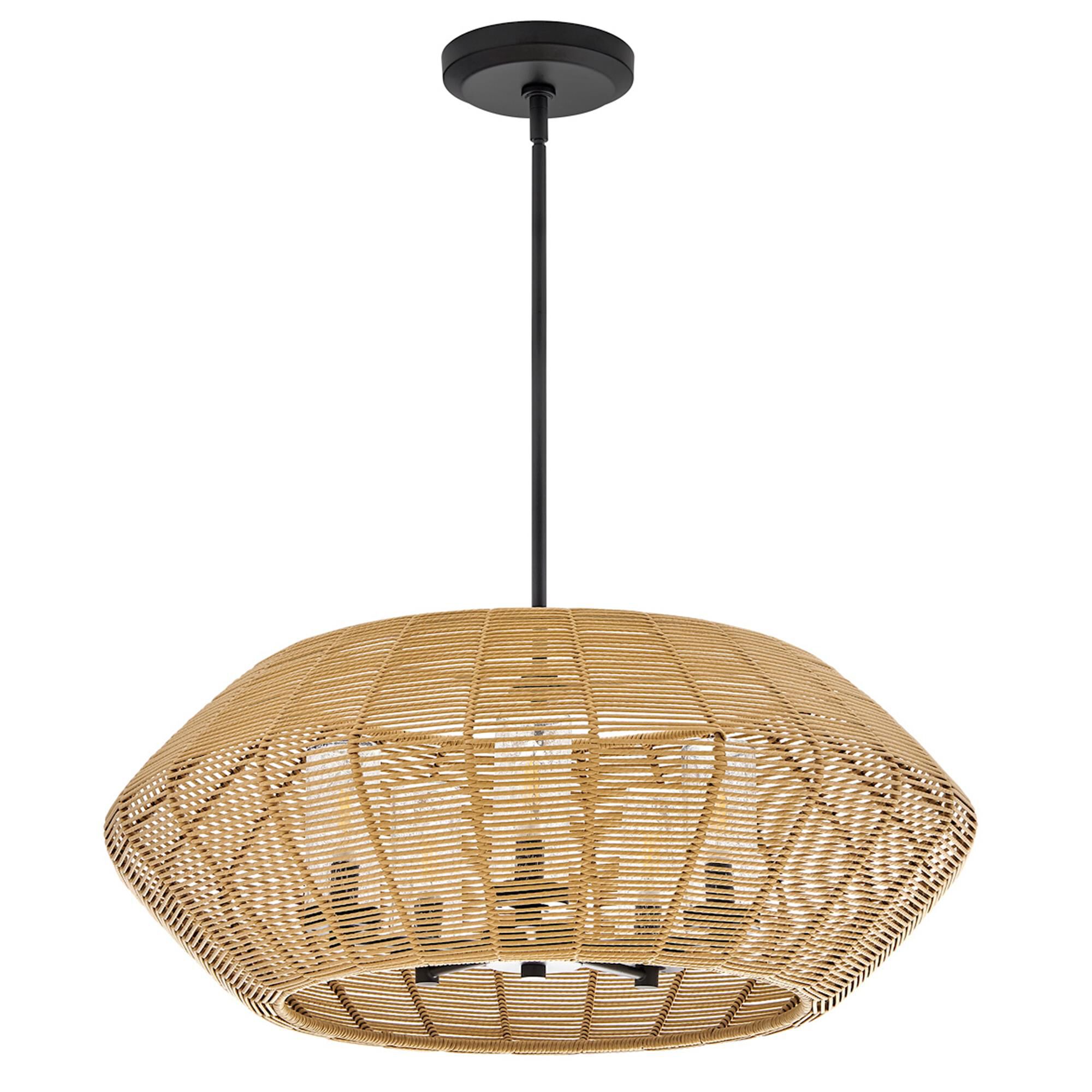 Shown in Black finish and Clear Seedy glass and Natural Woven shade