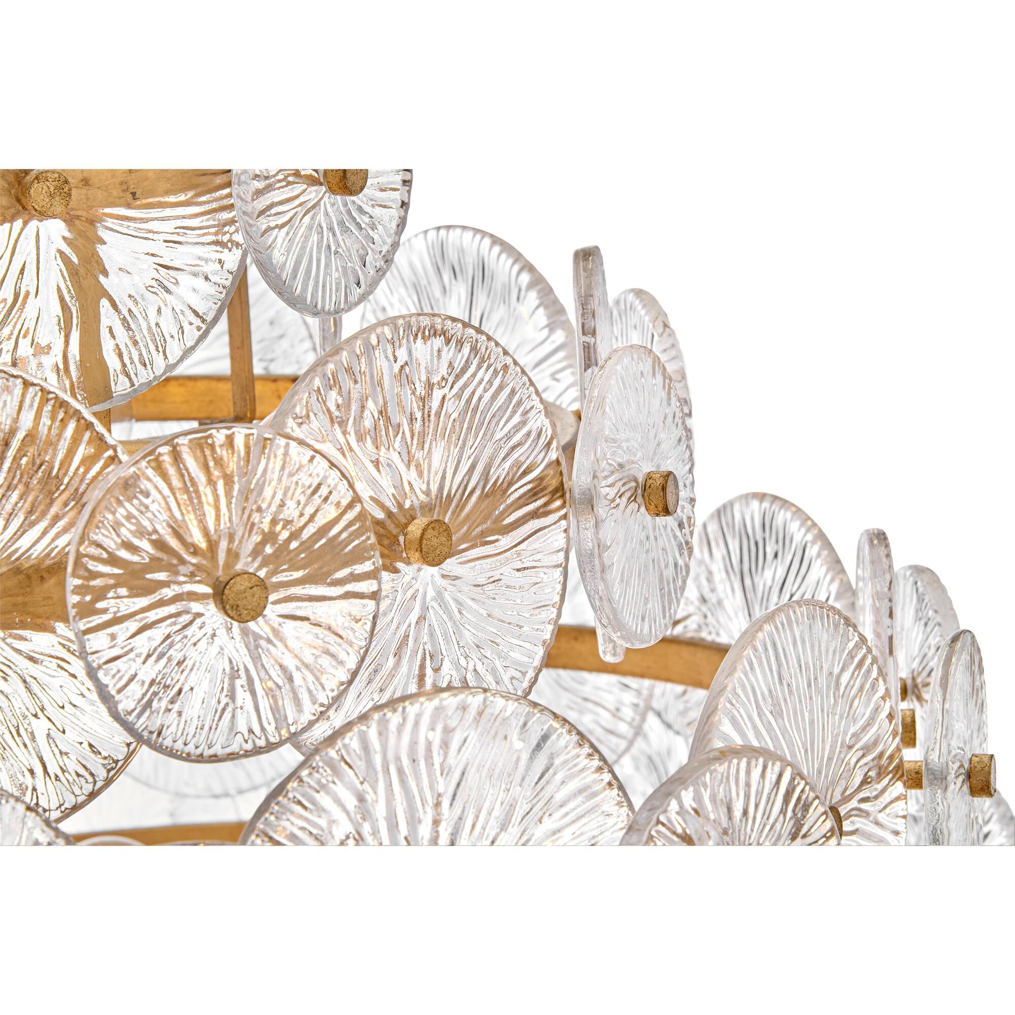 Shown in Distressed Brass finish and Clear Pressed glass