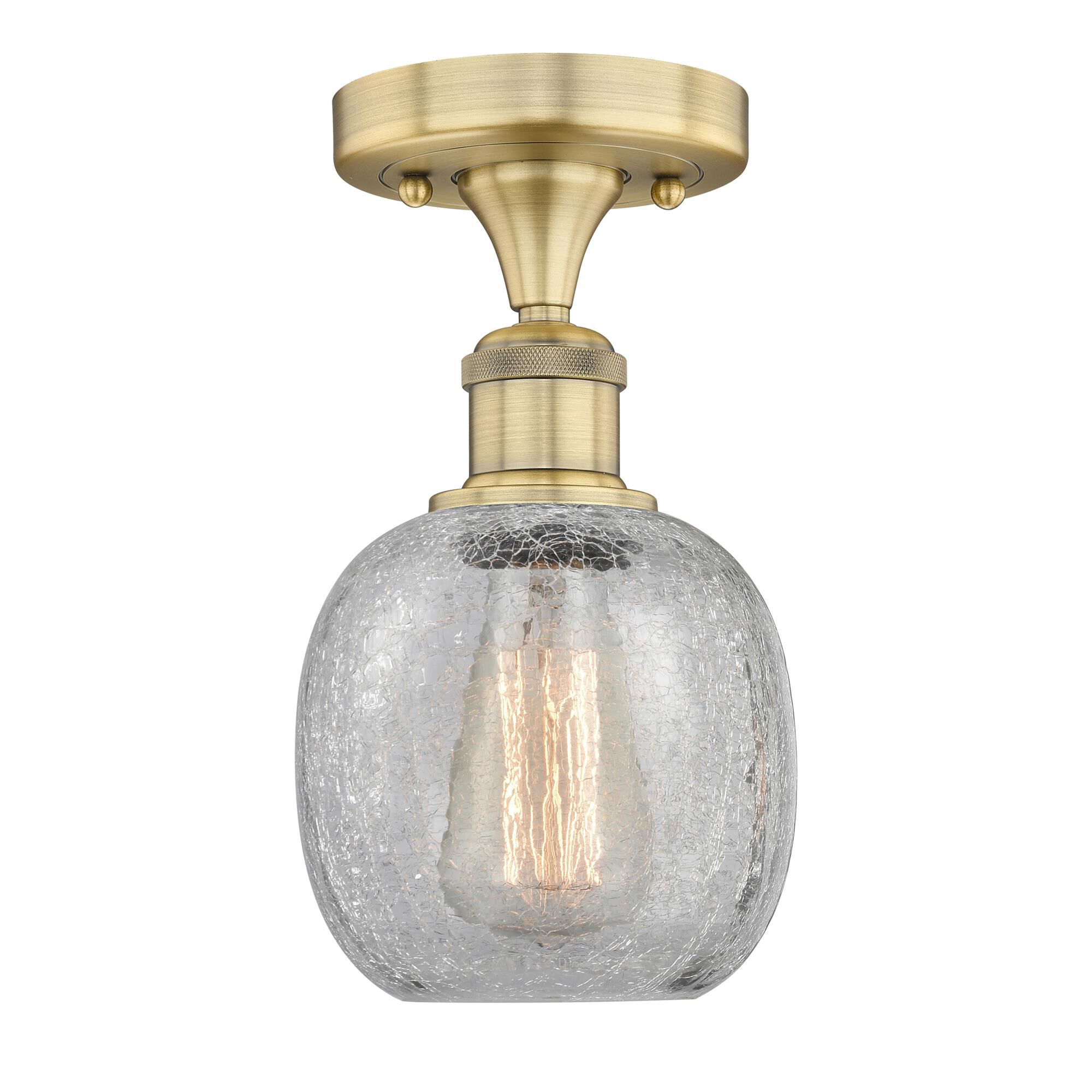 Shown in Brushed Brass finish and Clear Crackle glass