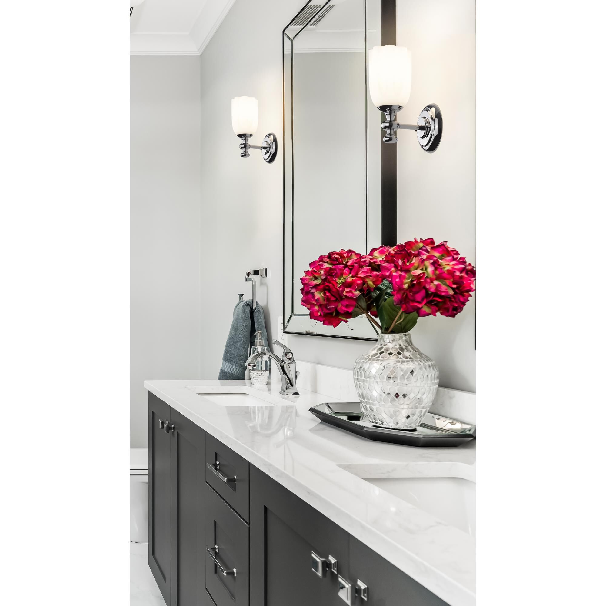 Shown in Chrome finish and Opal Etched glass and Opal Etched shade